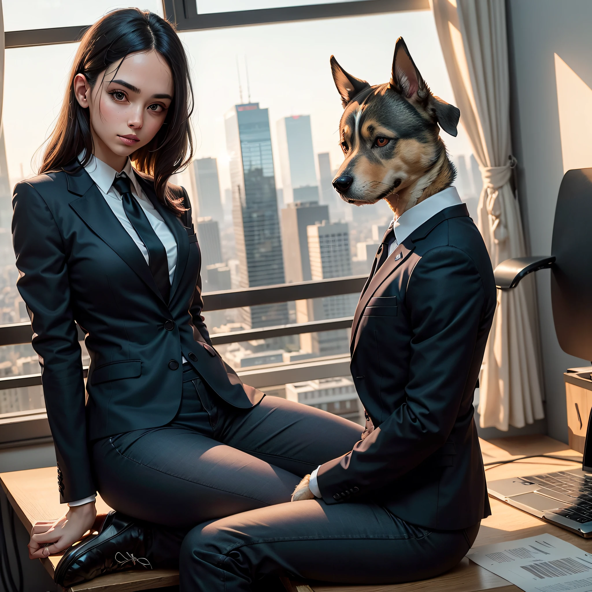 human dog with a black suit, sitting in an office, in the background a large window overlooking a city full of buildings