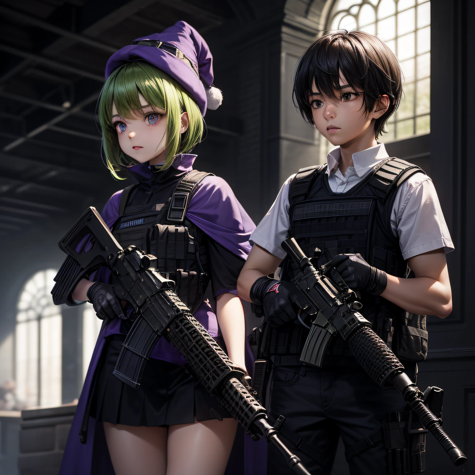 Top quality, very delicate and beautiful, (teenage girl), purple eyes, green hair, small, short hair, (purple pointy hat), one, tactical vest, short sleeves, purple skirt, purple wizard robe, navel, (((assault rifle in both hands)))