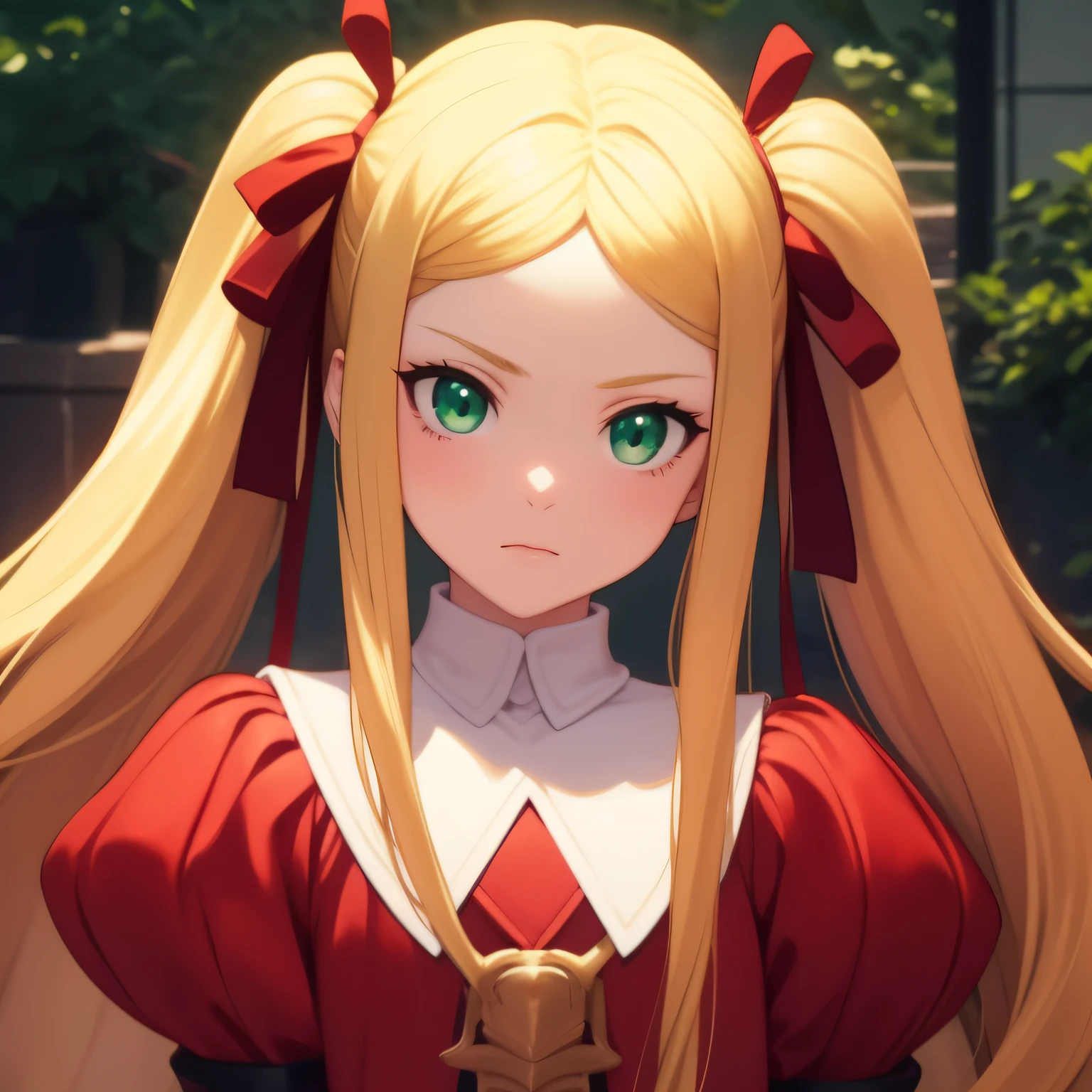 Anime girl with blonde hair and green eyes in a red dress, blonde anime girl with long hair, Cushart Krenz female key art, detailed digital anime art, detailed portrait of anime girl, knights portrait of zodiac girl, made with anime painter studio, plain anime CG art, portrait of an anime girl, painted in anime painter's studio,  Blonde - Princess Hair