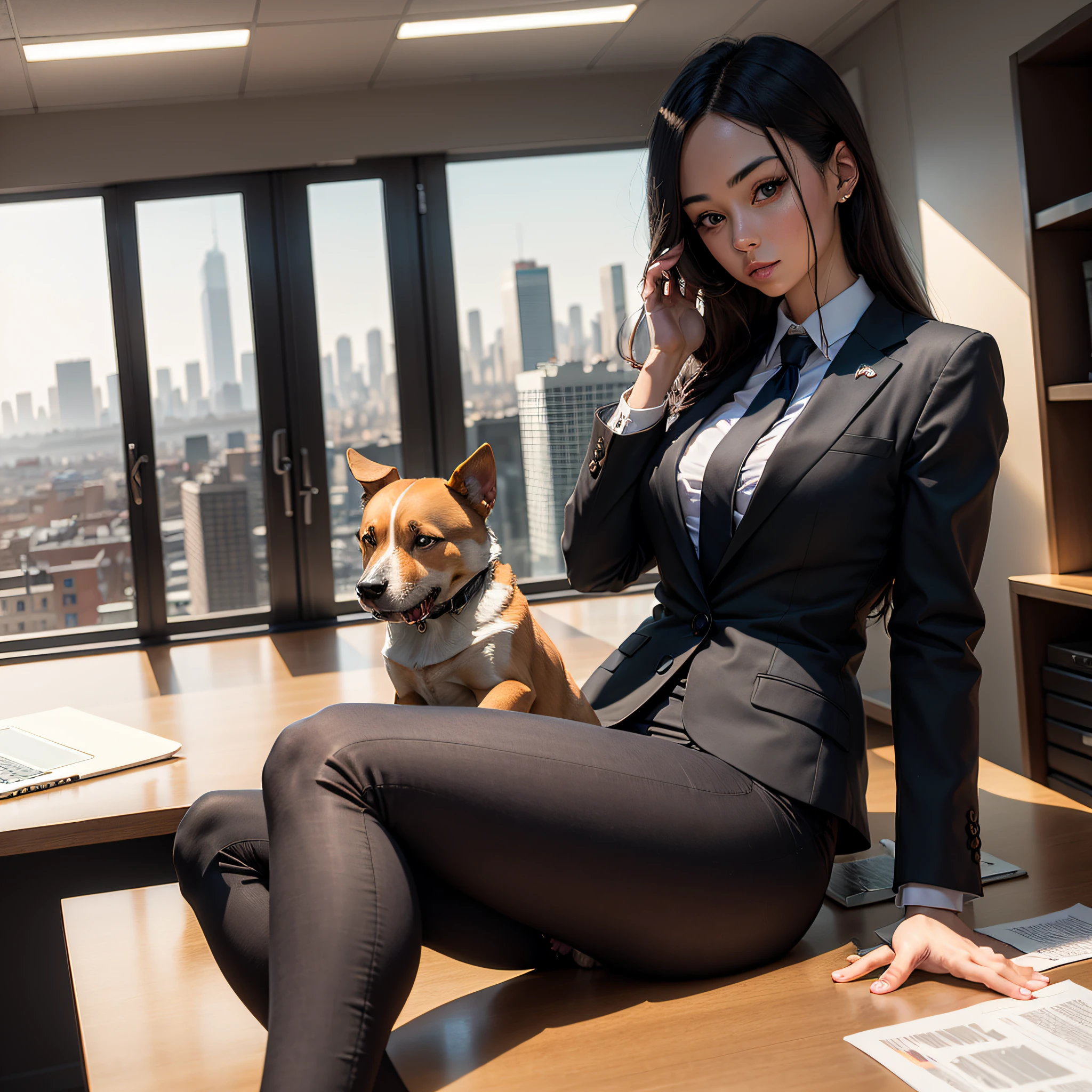 human dog with a black suit, sitting in an office, in the background a large window overlooking a city full of buildings