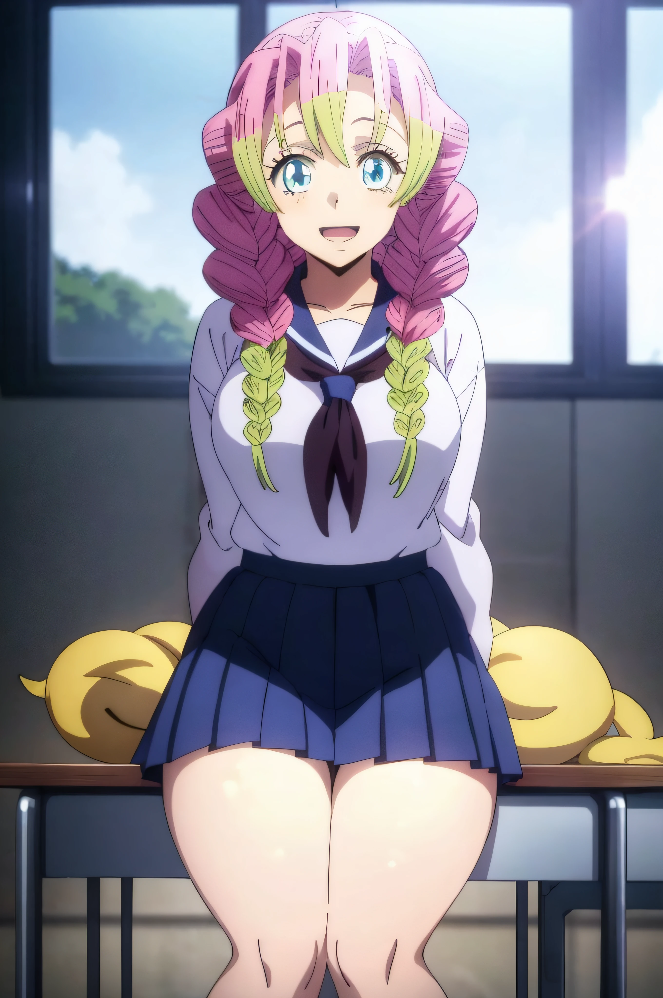 anime girl with pink hair sitting on a bench in a room, the anime girl is crouching, anime visual of a cute girl, anime best girl, anime still image, today's featured anime still, illustrious makinami, marin kitagawa fanart, official anime still, anime girl named lucy, anime still, beautiful anime high school girl, official studio anime still