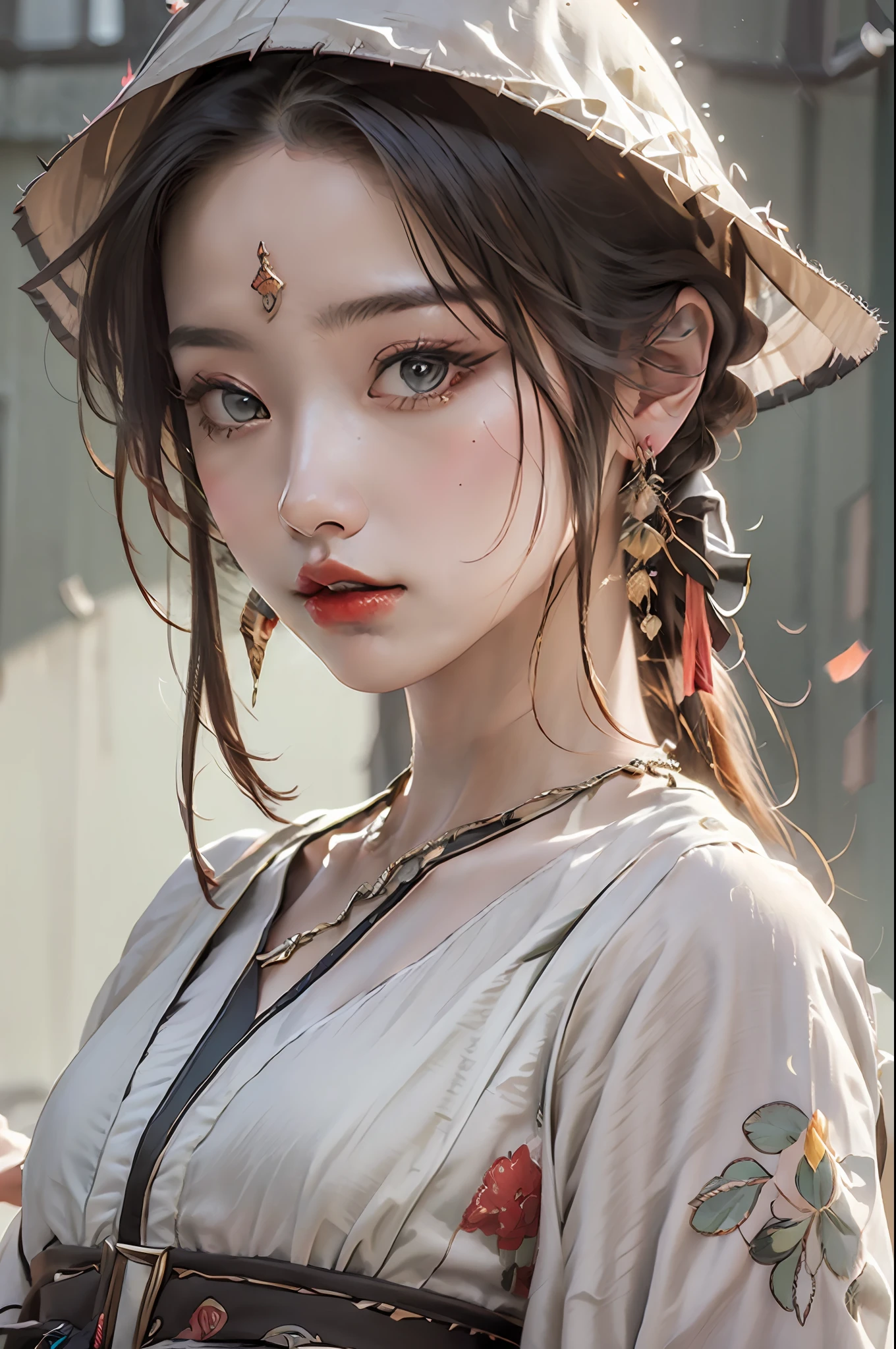 (Masterpiece, Monochrome, Colorful: 1.0), (Maximum Quality: 1.2), (Ultra High Quality: 1.1), Masterpiece, Best Quality, (Very Detailed CG Unity 8k Wallpaper), (High Detailed), (Best Illustration), ( Best Shadow), Realistic Lighting, costume girl,portrait of a girl, gauze skirt,jewelry, Red Lips, Beautiful, Big Eyes