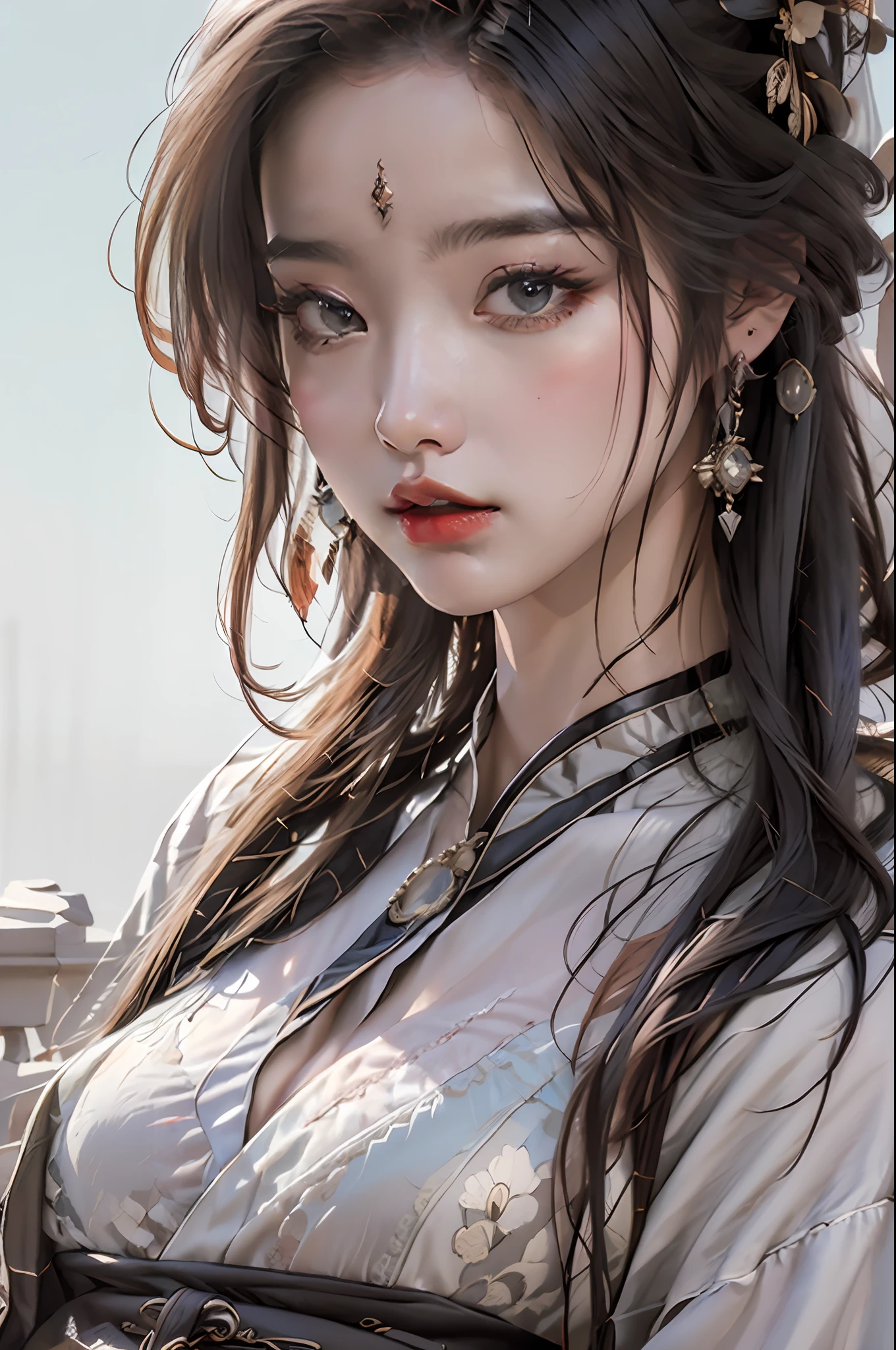 (Masterpiece, Monochrome, Colorful: 1.0), (Maximum Quality: 1.2), (Ultra High Quality: 1.1), Masterpiece, Best Quality, (Very Detailed CG Unity 8k Wallpaper), (High Detailed), (Best Illustration), ( Best Shadow), Realistic Lighting, costume girl,portrait of a girl, gauze skirt,jewelry, Red Lips, Beautiful, Big Eyes