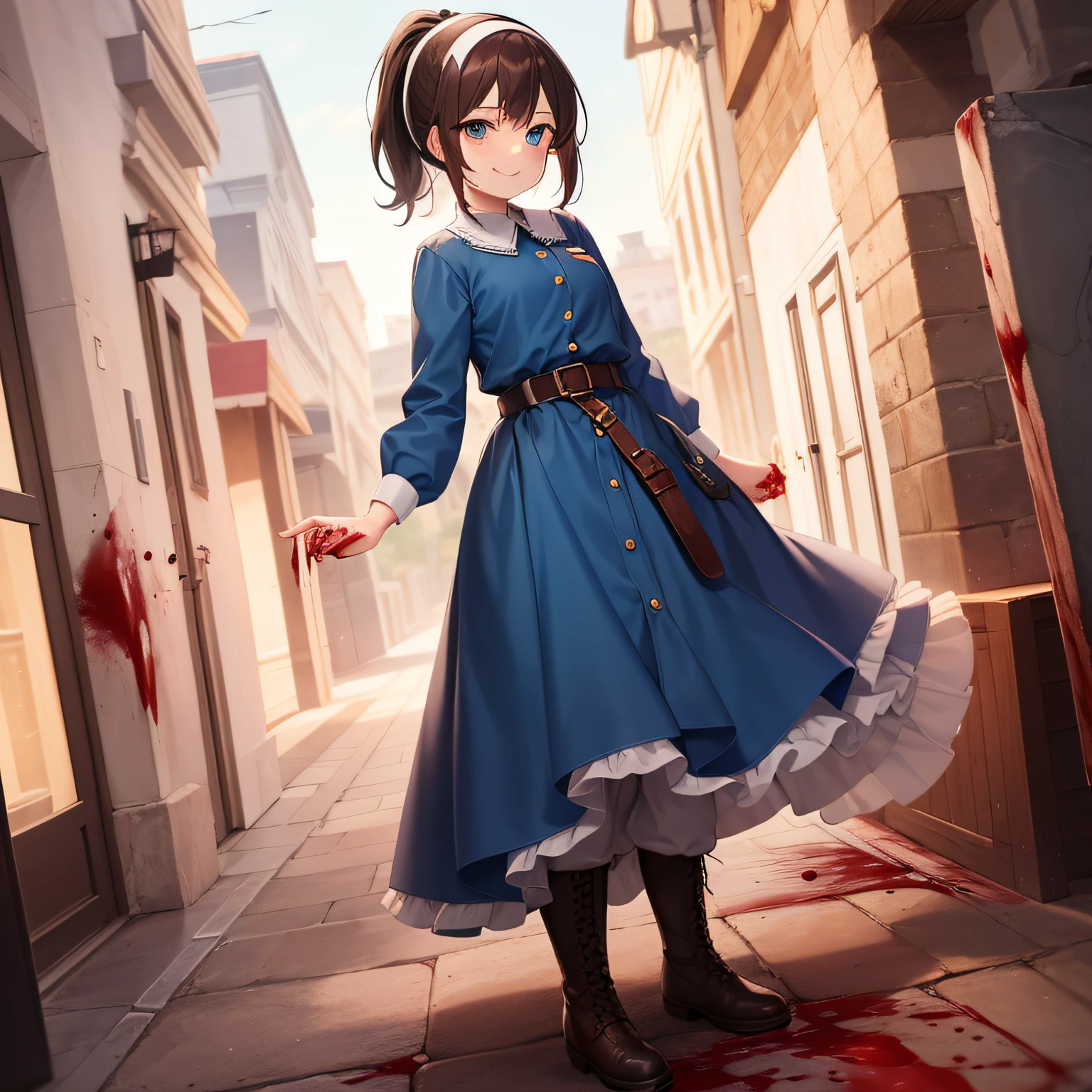 Top quality, very delicate and beautiful, girl, , (dark brown hair), blue clothes with vertical buttons, belt at the waist, white skirt, (ponytail)), (white hair band), (brown boots), blue eyes, standing, smile, blood wet, a large amount of fresh blood, a large amount of return blood, fresh blood on the ground