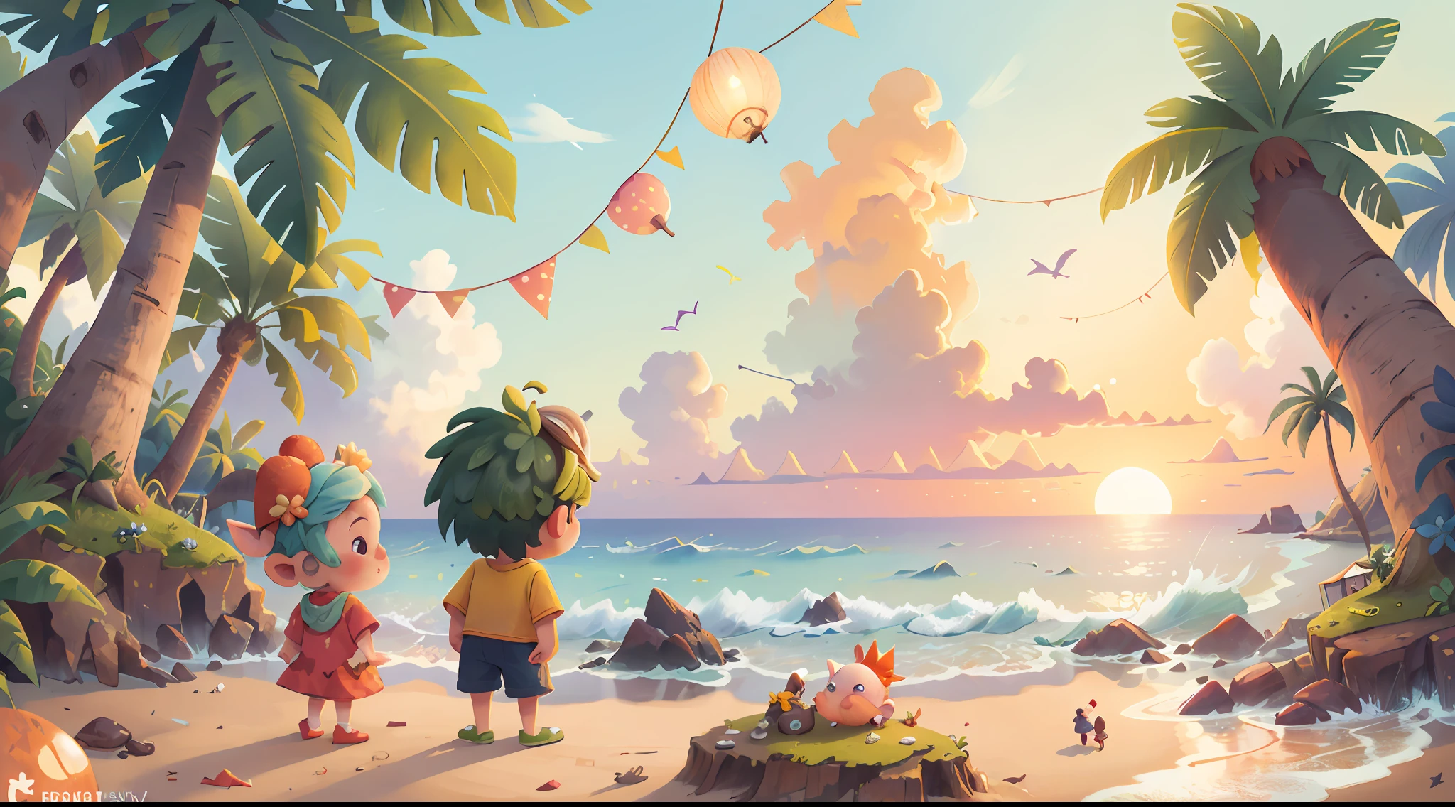 A couple of gnomes by the sea watching the epic sunset in their very cute beach clothes