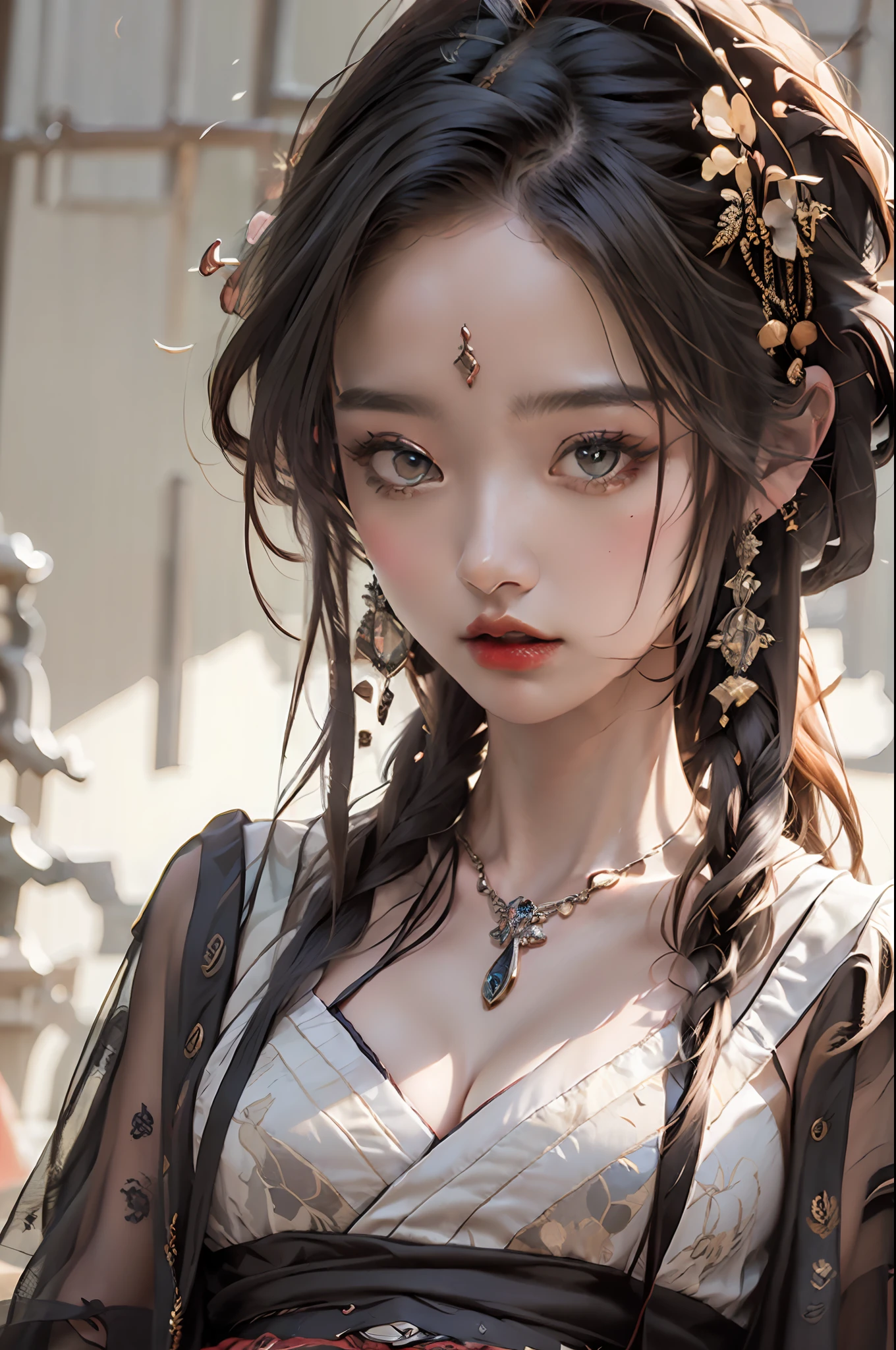 (Masterpiece, Monochrome, Colorful: 1.0), (Maximum Quality: 1.2), (Ultra High Quality: 1.1), Masterpiece, Best Quality, (Very Detailed CG Unity 8k Wallpaper), (High Detailed), (Best Illustration), ( Best Shadow), Realistic Lighting, costume girl,portrait of a girl, gauze skirt,jewelry, Red Lips, Beautiful, Big Eyes