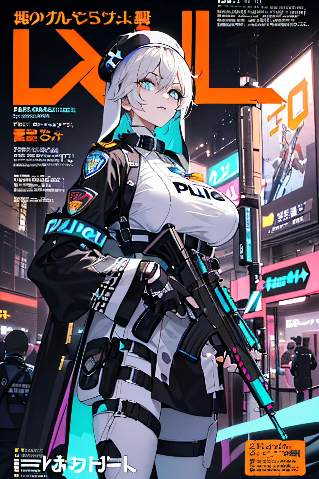 ((((dramatic))), (((gritty))), (((intense))) 1girl, tactical (nun) police,((scifi elements)) ((cyberpunk elements) (militar purple beret) religeous badge, ((priest collar)) (big breast with pointy niples), tigth white yellow bodysuit, white vest, orange and cyan details, ((tigth sleeves)) tactical straps, tactical accesories, white sniper rifle and sword on back, long legs, ((police vehicle)) action stand (((design based on religeuos items))) (nigth neon city)  The background is dark and gritty, with a sense of danger and intensity. The text is bold and attention-grabbing, with a catchy tagline that adds to the overall feeling of drama and excitement. The color palette is mainly dark with splashes of vibrant colors, giving the poster a dynamic and visually striking appearance,tachi-e
(magazine:1.3), (cover-style:1.3), fashionable, woman, vibrant, outfit, posing, front, colorful, dynamic, background, elements, confident, expression, holding, statement, accessory, majestic, coiled, around, touch, scene, text, cover, bold, attention-grabbing, title, stylish, font, catchy, headline, larger, striking, modern, trendy, focus, fashion,