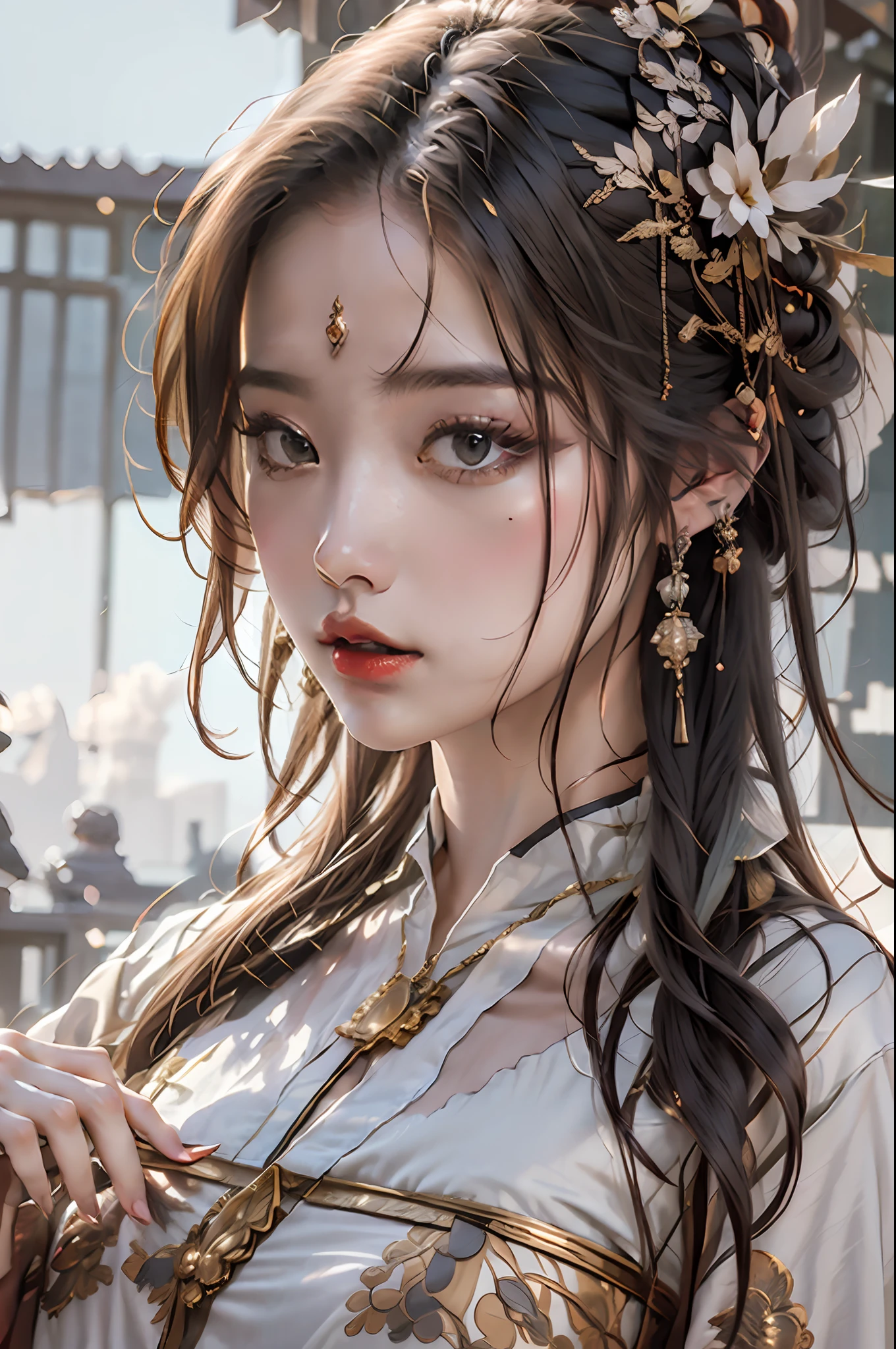 (Masterpiece, Monochrome, Color: 1.0), (Highest Quality: 1.2), (Ultra Quality: 1.1), Masterpiece, Best Quality, Dream Background, Gorgeous Headgear, Award Winner, (Very Detailed CG Unity 8k Wallpaper), (High Detail), (Best Illustration), (Best Shadow), Realistic Lighting, Costume Girl, Girl Portrait, Gauze Dress, Jewelry, Red Lips, Beauty, Big Eyes Golden Sea of Clouds, Surrounded by Mountains, Classical Antique Girl, Motion Blur, Film Lighting, Best Quality, 4K