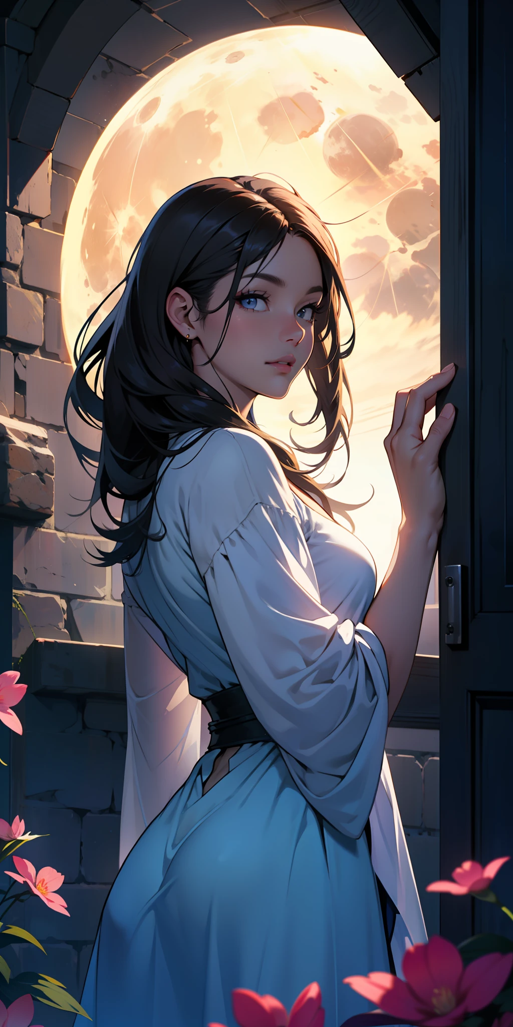 Best possible quality, (ultra resolution 8k),the most beautiful girl, the most beautiful, long hair, serene look, looking through the window,full moon,firmament, silk dress