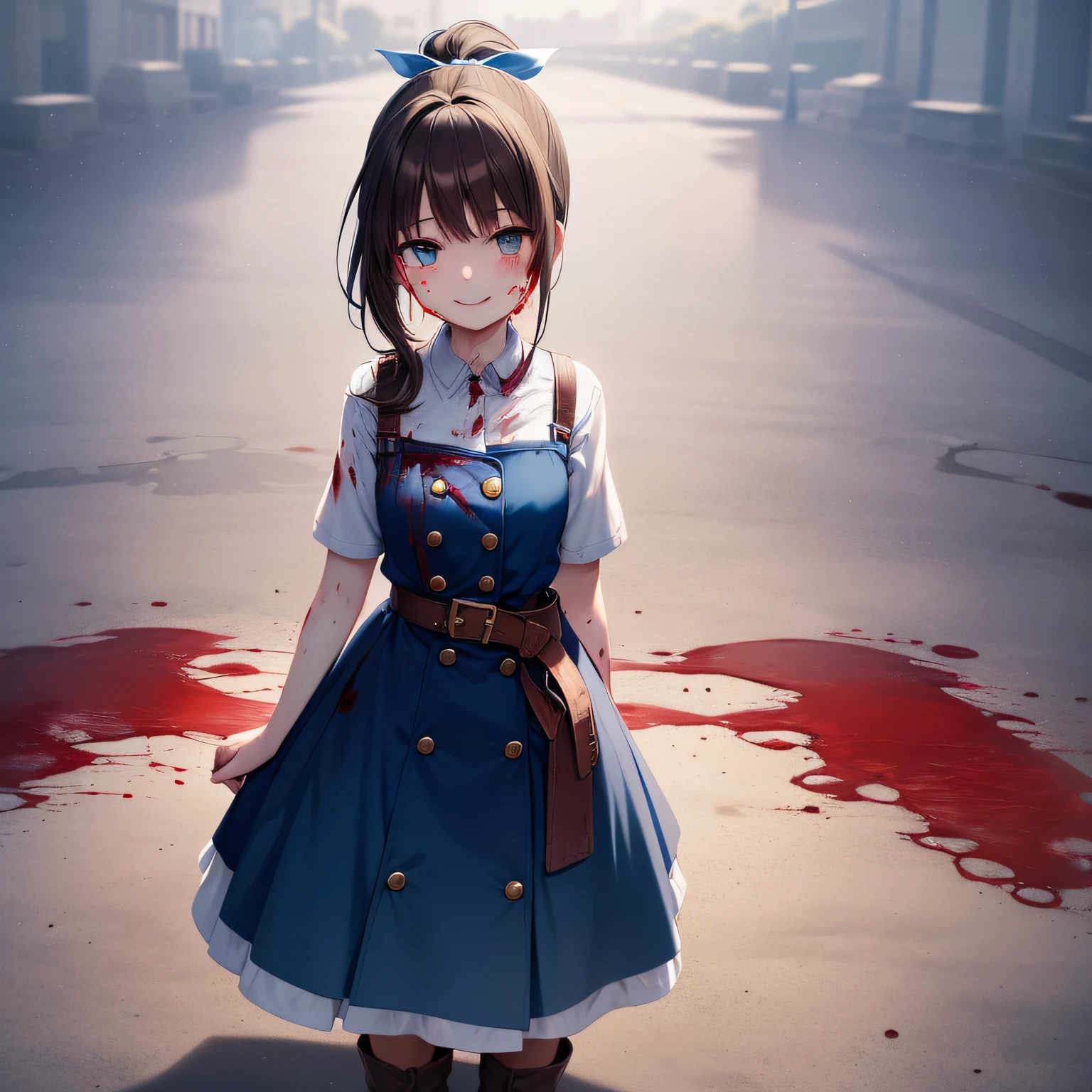 Top quality, very delicate and beautiful, girl, 11 years old, (dark brown hair), blue clothes with vertical buttons, belt at the waist, white skirt, (ponytail)), (white hair band), (brown boots), blue eyes, standing, smile, blood wet, (a large amount of fresh blood), (a large amount of return blood), (fresh blood on the ground)