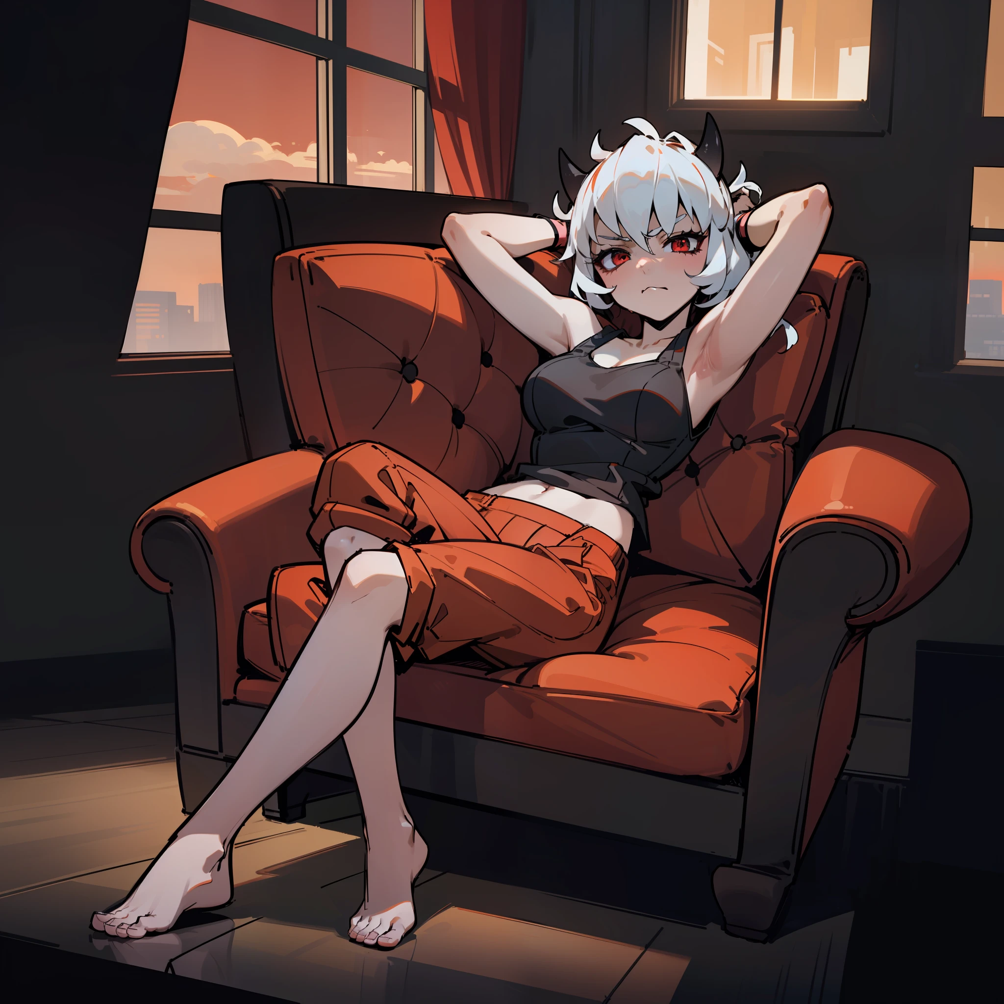 [malina(helltaker)], [uploaded to e621.net; (napalm_express)], [uploaded to twitter.com; (vanripperart)], ((High definition)), ((detailed shading)), ((beautiful solo portrait)), ((full body)), ((raw photo)), ((beautiful 2d art)), ((anime girl)), {(attractive); (short white hair, cute red eyes, (short black horns on head), (frown)}, {white tank top, red lounge pants, (beautiful feet)}, {(laying on couch), (attractive pose), (arms above head)}, [background; (living room); (window), (sunset)]
