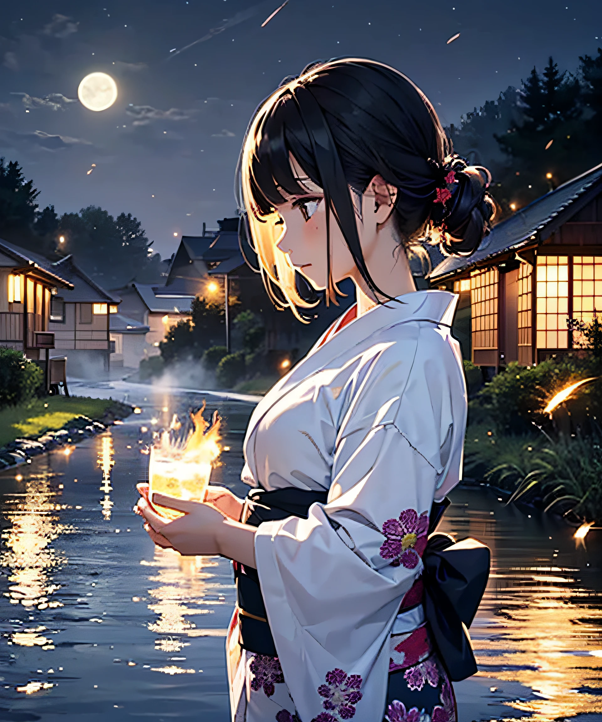 masterpiece, illusion, highest quality, night, cloudy night, oboro moon, fireflies, countryside, river surface, foxfire, adult woman in yukata, evening mist, flowing evening fog, dry ice, dense fog, confession, regret, loneliness