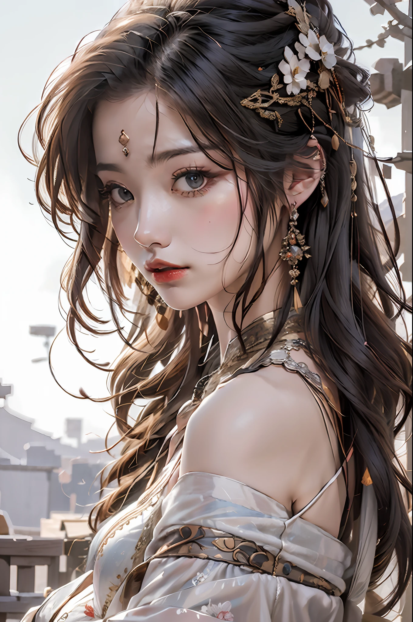 (Masterpiece, Monochrome, Color: 1.0), (Highest Quality: 1.2), (Ultra Quality: 1.1), Masterpiece, Best Quality, Dream Background, Gorgeous Headgear, Award Winner, (Very Detailed CG Unity 8k Wallpaper), (High Detail), (Best Illustration), (Best Shadow), Realistic Lighting, Costume Girl, Girl Portrait, Gauze Dress, Jewelry, Red Lips, Beauty, Big Eyes Golden Sea of Clouds, Surrounded by Mountains, Classical Antique Girl, Motion Blur, Film Lighting, Best Quality, 4K
