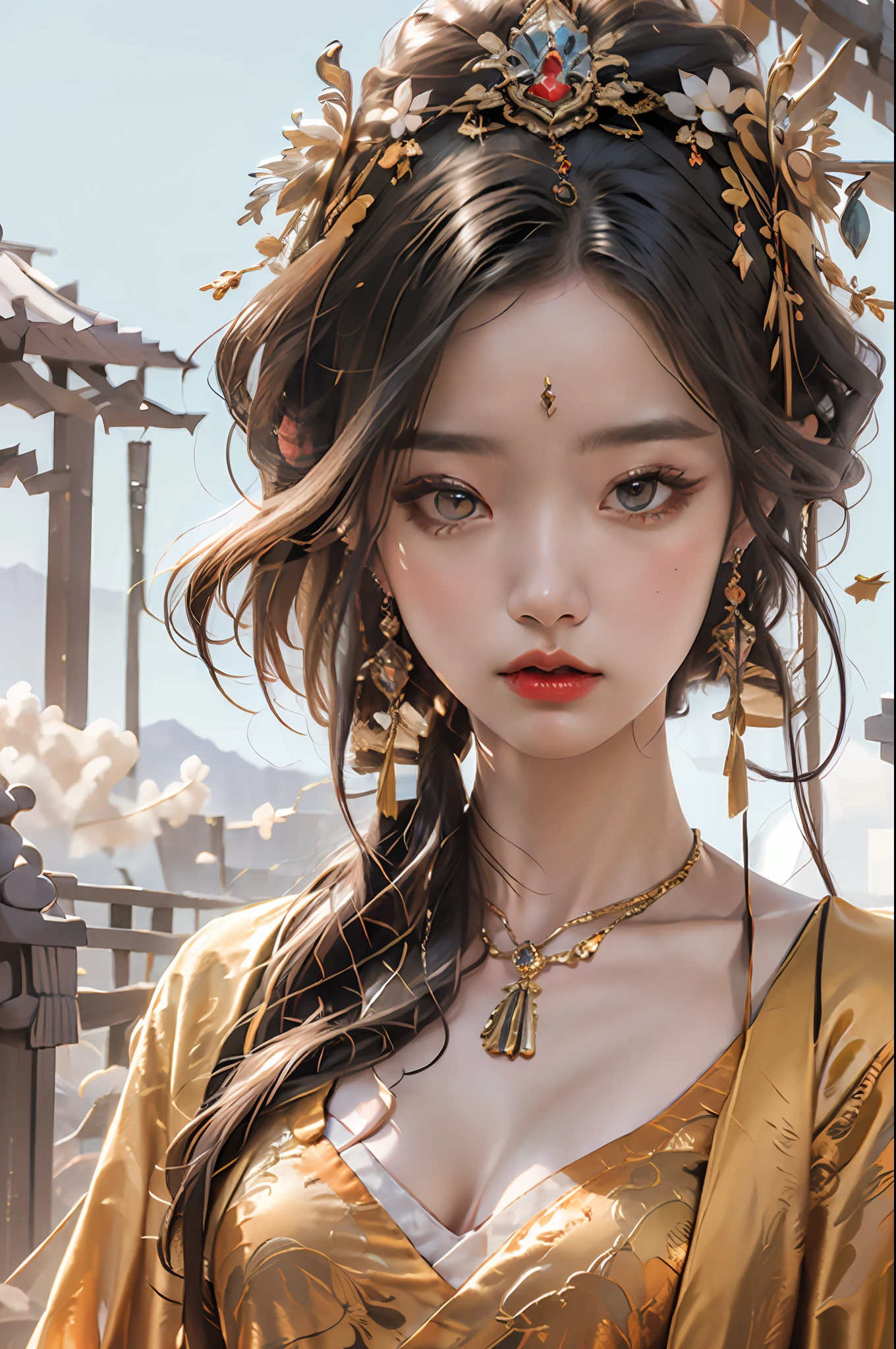 (Masterpiece, Monochrome, Color: 1.0), (Highest Quality: 1.2), (Ultra Quality: 1.1), Masterpiece, Best Quality, Dream Background, Gorgeous Headgear, Award Winner, (Very Detailed CG Unity 8k Wallpaper), (High Detail), (Best Illustration), (Best Shadow), Realistic Lighting, Costume Girl, Girl Portrait, Gauze Dress, Jewelry, Red Lips, Beauty, Big Eyes Golden Sea of Clouds, Surrounded by Mountains, Classical Antique Girl, Motion Blur, Film Lighting, Best Quality, 4K