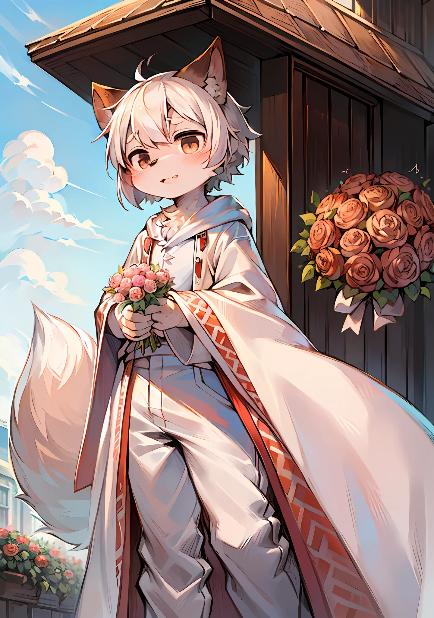 (Bright Environment: 0.8), Masterpiece, High Quality, Abstract Res, Digital Painting\(Artwork\), by Dagasi, Yupa, Kiyosan, (Anthro, Fluffy Fur, Character Focus: 1.1), Anthro Male Cat, Short Hair, Portrait , bright eyes, panorama, character focus. (Detailed background: 0.7), Solo, Furry, Furry Male, Male Focus, Anthr, (Full body fur, Fluffy big tail, White fur, Black eyes, White hair: 1.2), (Long canine, , white robe, white trousers, white top long sleeves: 1.2), (bright outdoor, blue sky, bouquet, sunny day, shy: 1.1)