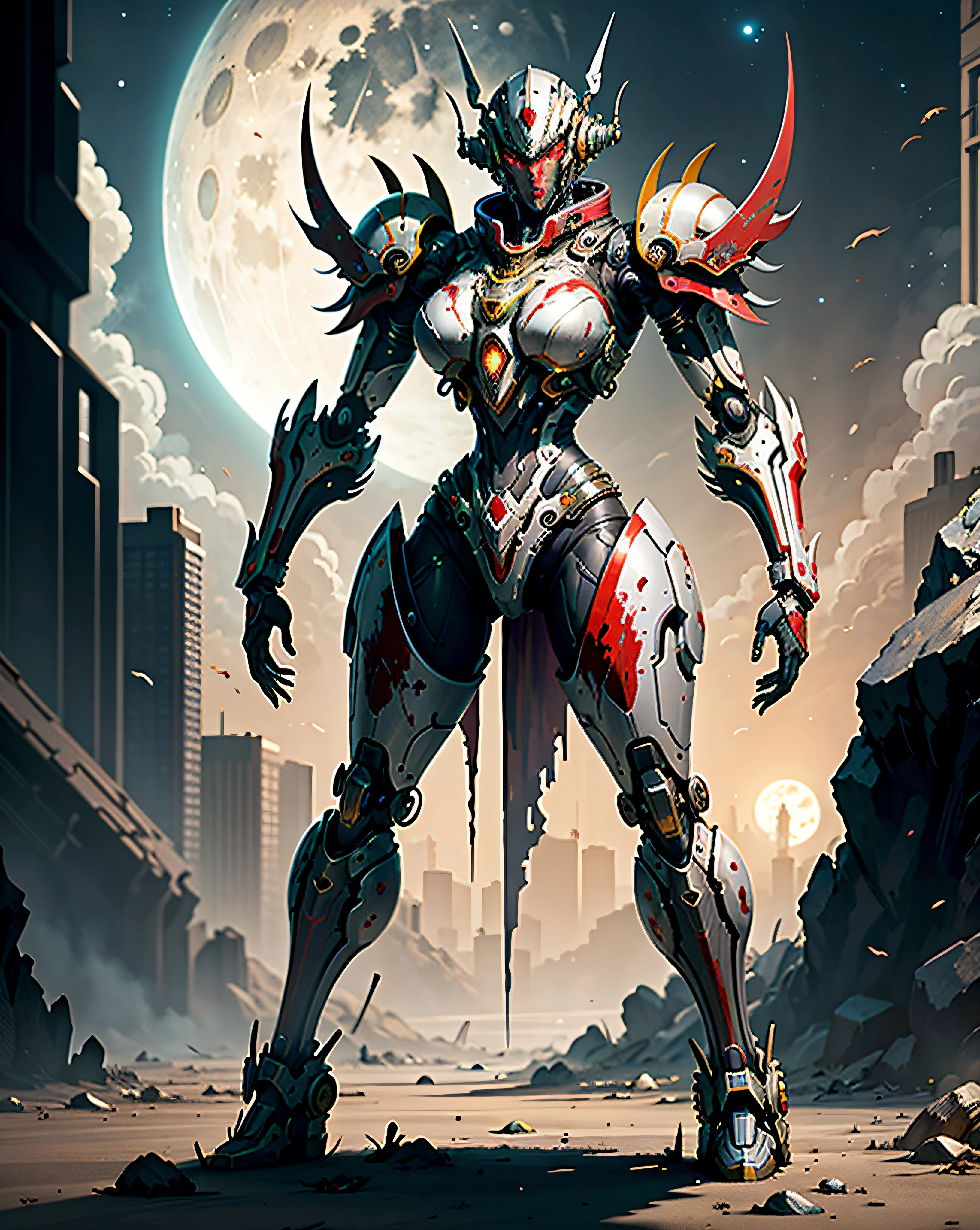Space Marine, Harhammer 40,000, World at War, Beautiful Cyberpunk Woman with Very Detailed Mecha Treatment, Vibrant Colors, Metallic Red, Bloodstained, With Sky With Clouds And Full Moon, Full Body With Detailed Armor,