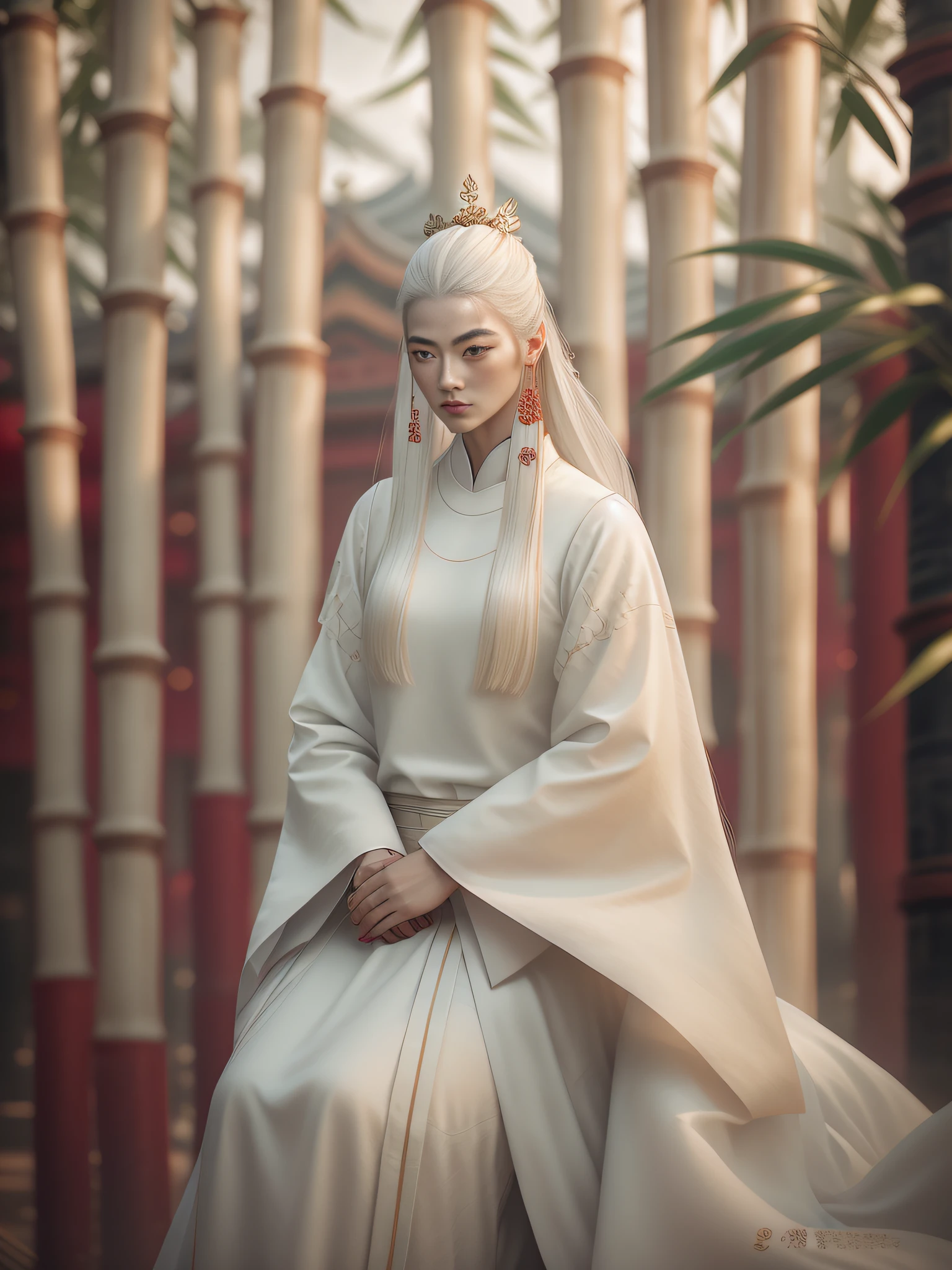 a Woman in white dress, bamboo pole, Woman in white dress sitting in front of bamboo pole, portrait of Yuri Schvedorf and Tom Bagshaw, albino mystic, inspired by stills of Zheng Xiaorong, Zhang Jingna, Russell Lu Dongjun, a stunning young ethereal character,
