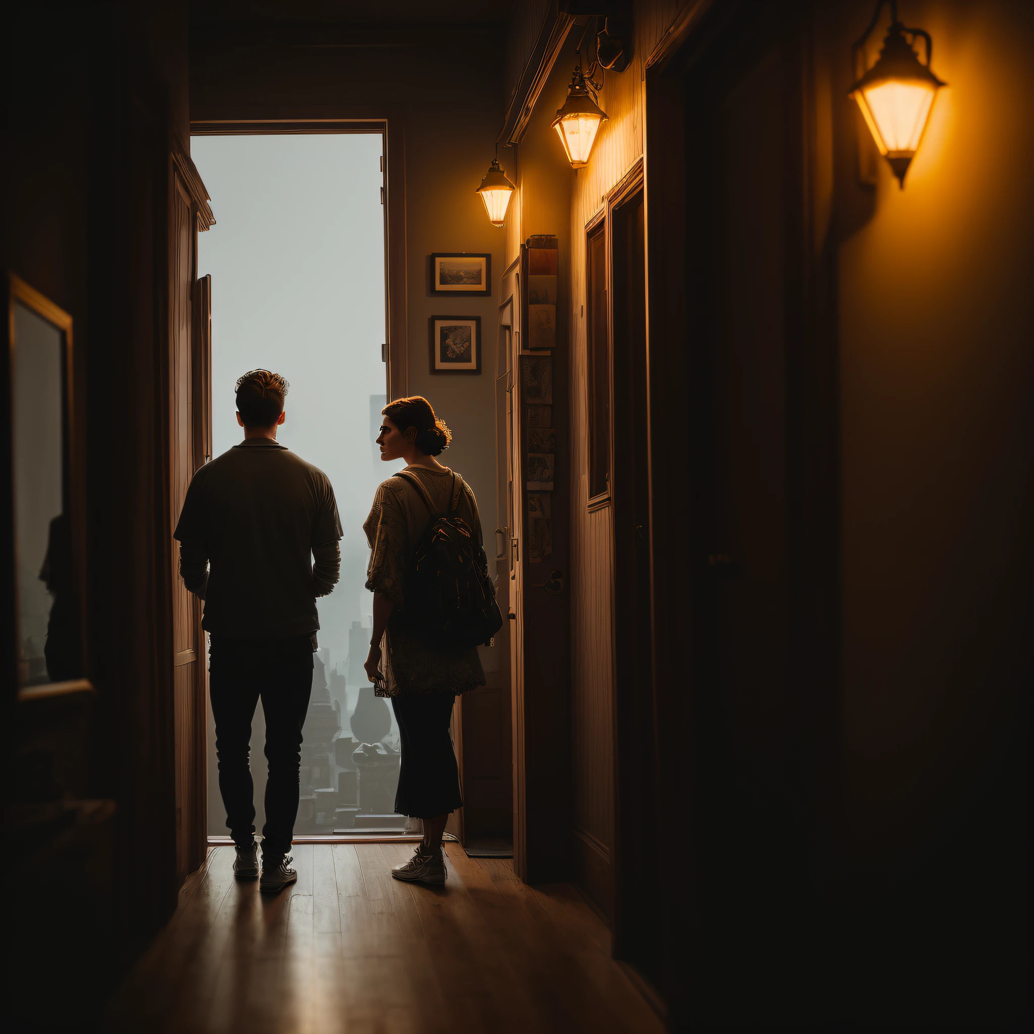 A 30-year-old male male and a 30-year-old female female, they chat standing in a house, contemplating the landscape, realistic epic, portrait of, James Gilleard, by Joe Fenton, by Kaethe Butcher, yellow gradient, black, brown and magenta color scheme, grunge aesthetic!! soft cinematic light, adobe lightroom, photo lab, hdr, intricate, highly detailed, (depth of field: 1.4), faded, (neutral colors: 1.2), (hdr: 1.4) , (soft colors:1.2), hyperdetailed, (artstation:1.4), cinematic, warm lights, dramatic light, (intricate details:1.1), complex background, (rutkowski:0.66), (blue and orange:0.4)