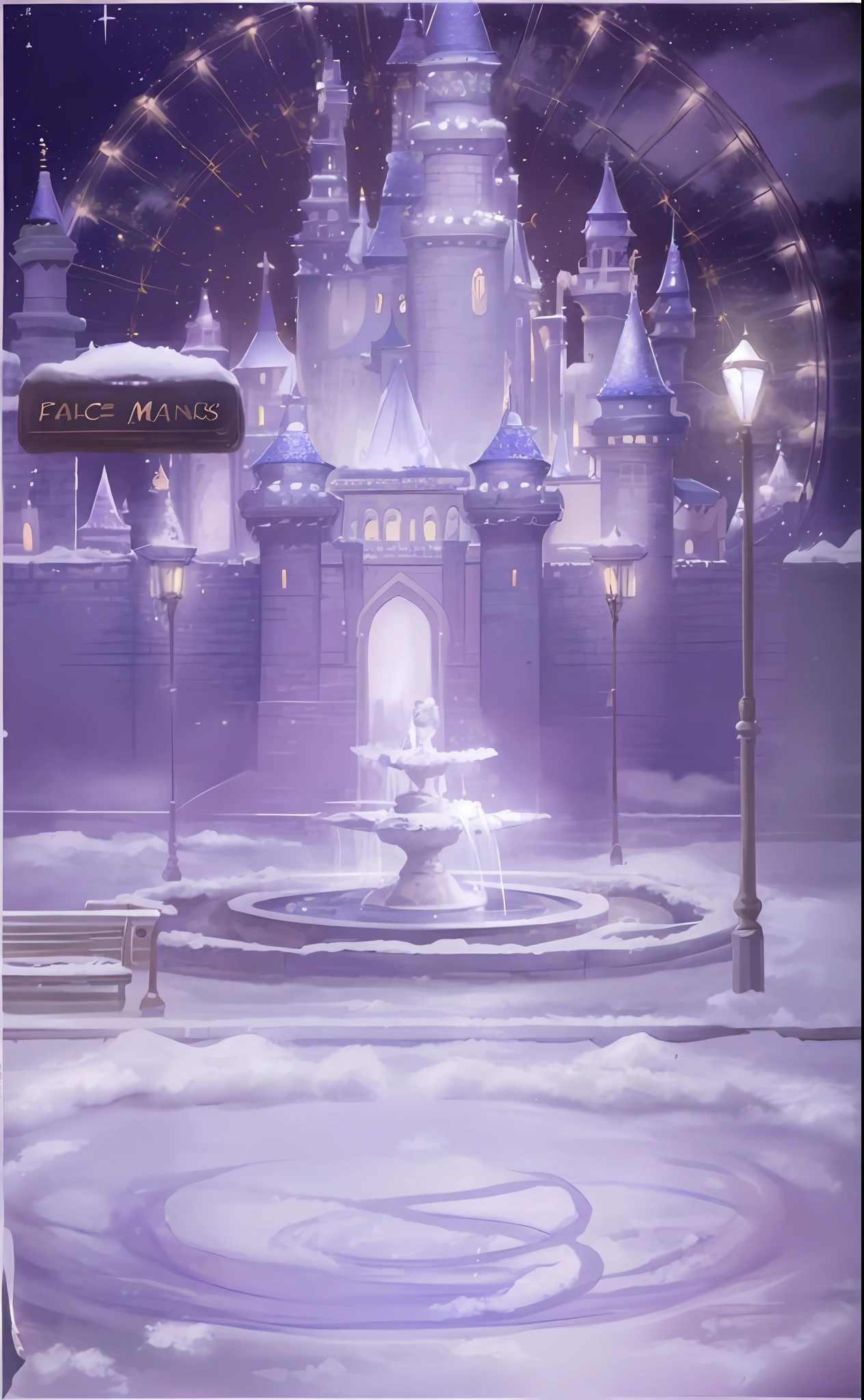 There is a painting of a castle with a fountain in the middle, aesthetic, fairy tale style, castle, soft, lighting, palace, fantasy matte painting, cute, dreamy, starry sky, shiny, artwork, concept art magical highlights, winter scene fantasy, winter concept art, background is Disneyland castle, fairy tale artwork, vertical painting, natural light, delicate, sequins, sparkling, generate more details, anime style, anime, modern, futuristic, panorama, concept art, uhd, masterpiece, ccurate, super detail, high detail, high quality, best quality, high resolution,