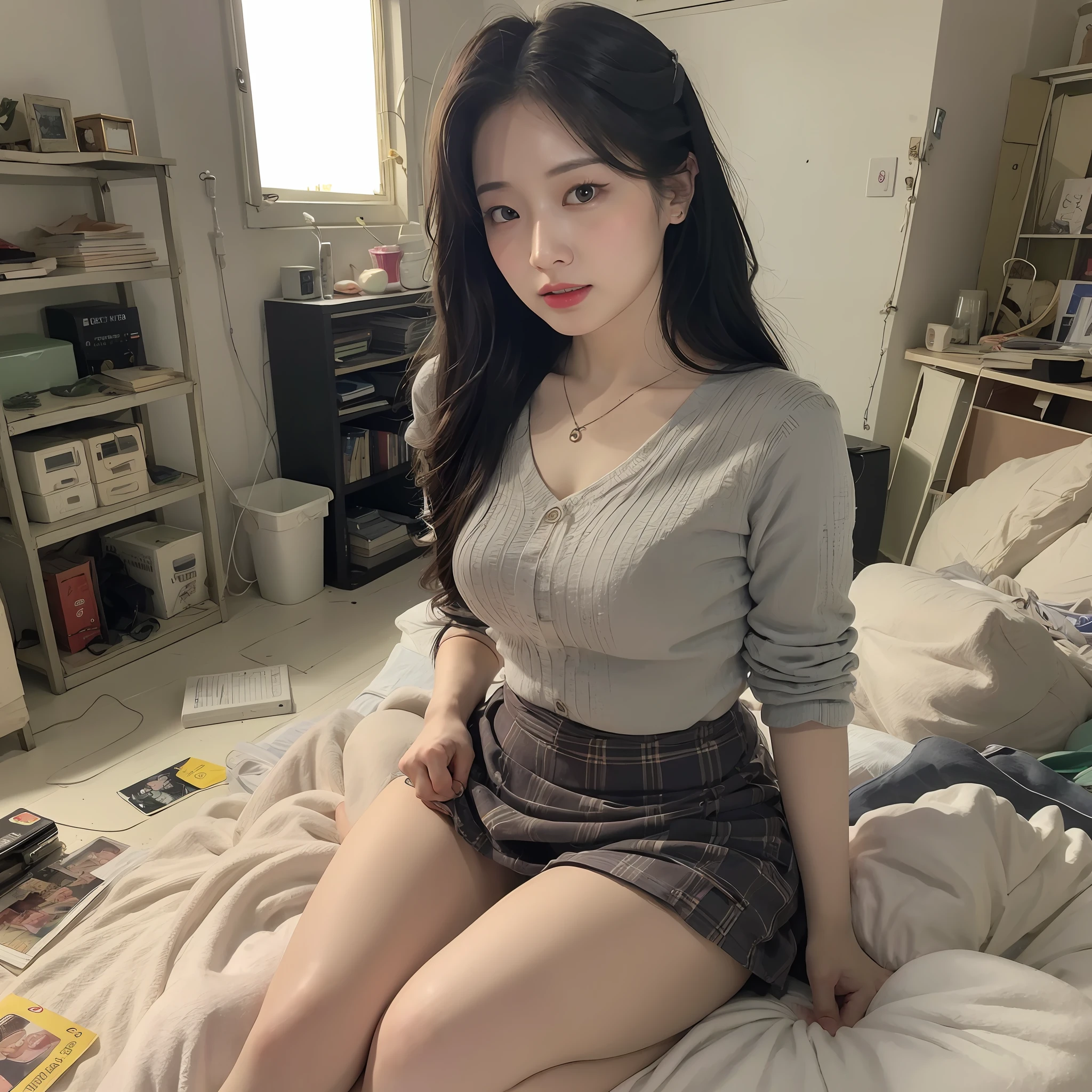 ((Best Quality, 8k, Masterpiece: 1.3)), Photorealistic, Sharp Focus, High Quality, High Definition, Portrait, Solo, Japan, Middle Aged Woman, Beauty, Skirt, Bra, 25 Years Old, Plump, Wavy Hair, Shirt ,, Messy Room, Unorganized Room, Full Body, ((Show Panties: 1.5)), Lots of game consoles, lots of game software, cathode ray tube monitor,