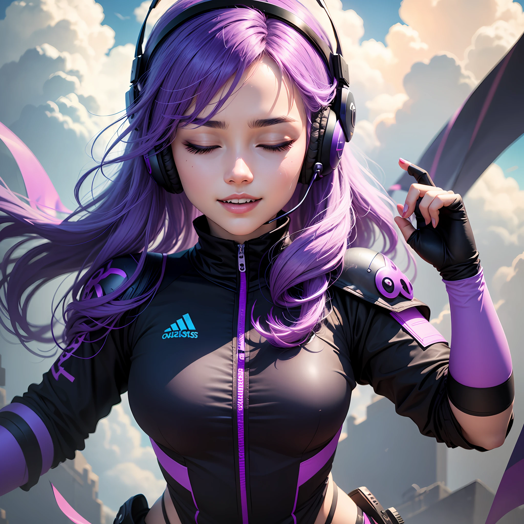 Ninja woman with peace sense headset, closed eyes, beautiful face, RGB colors, bright purple hair, anime, bright background, banner for youtube video, happy girl, clouds with RGB colors, bright RGB colors, full. --auto