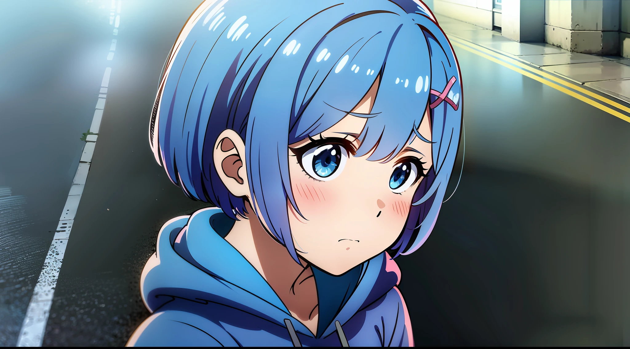 Masterpiece, rem rezero, blue eyes, sad face, look down, blue hoodie, in the middle of the street, close up, portrait,