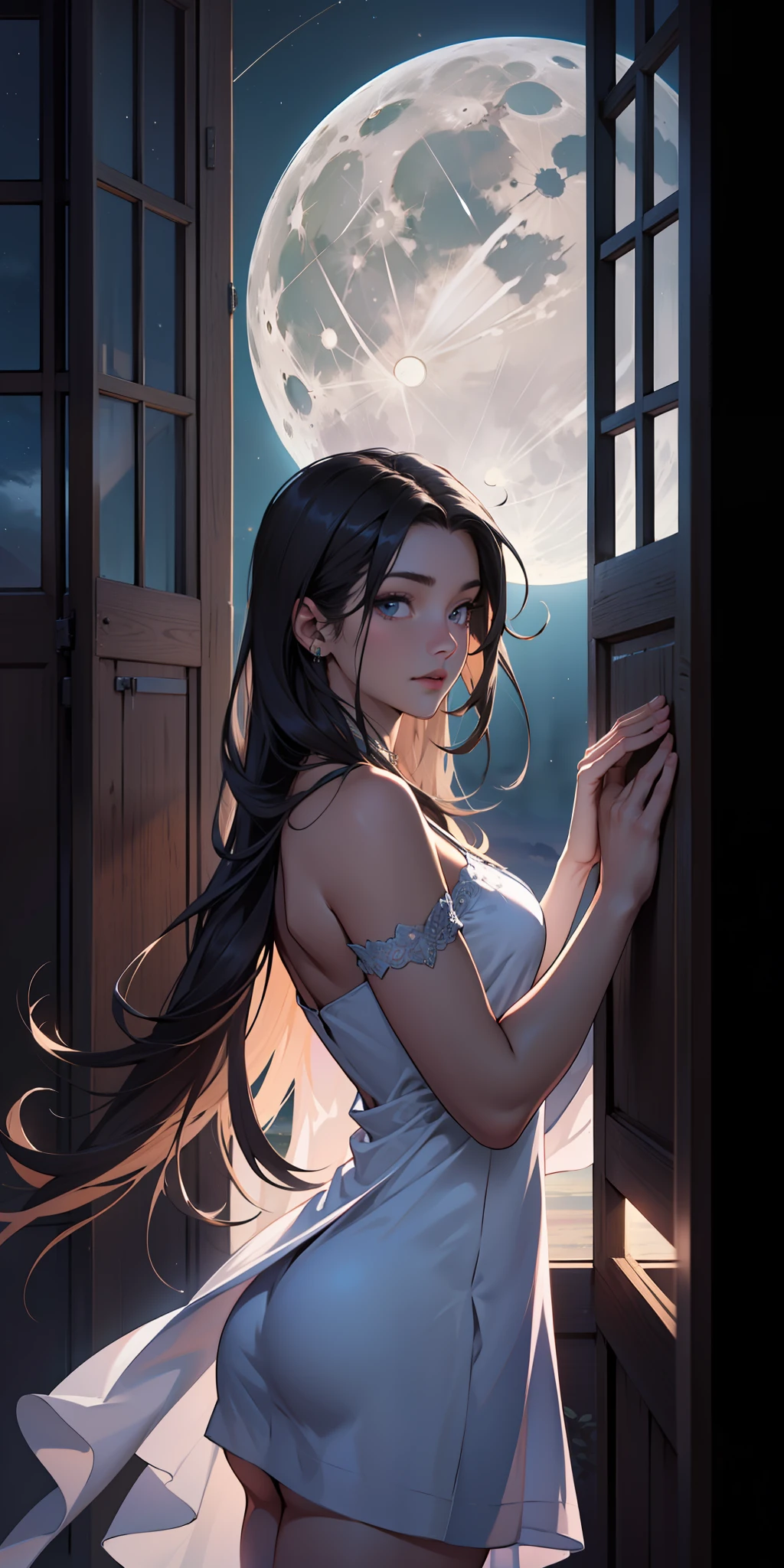 Best possible quality, (ultra resolution 8k),the most beautiful girl, the most beautiful, long hair, serene look, looking through the window,full moon,firmament, silk dress