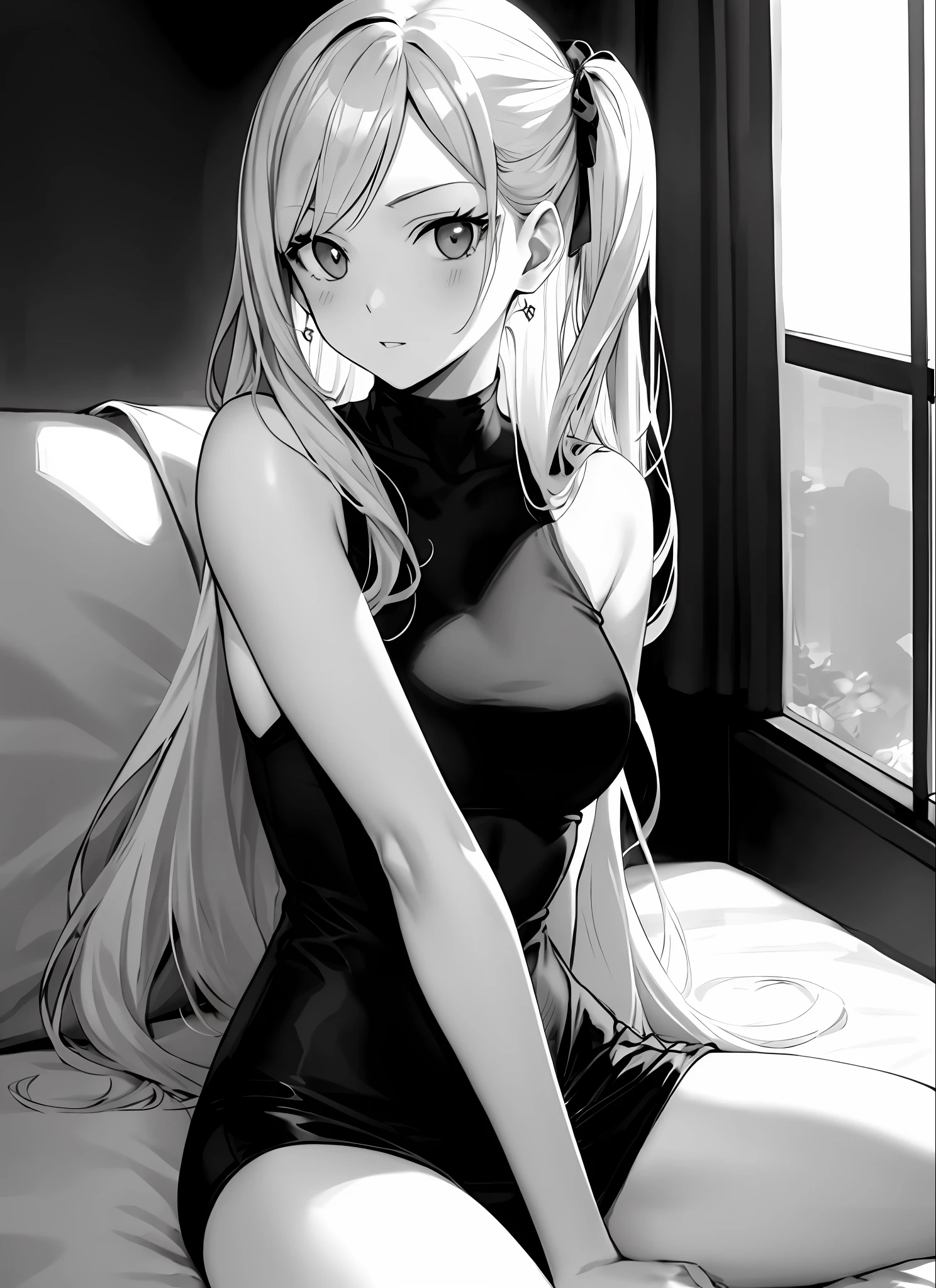 boichi manga style, 1girl, monochrome greyscale, solo, sitting, long hair, upper body, ((masterpiece))