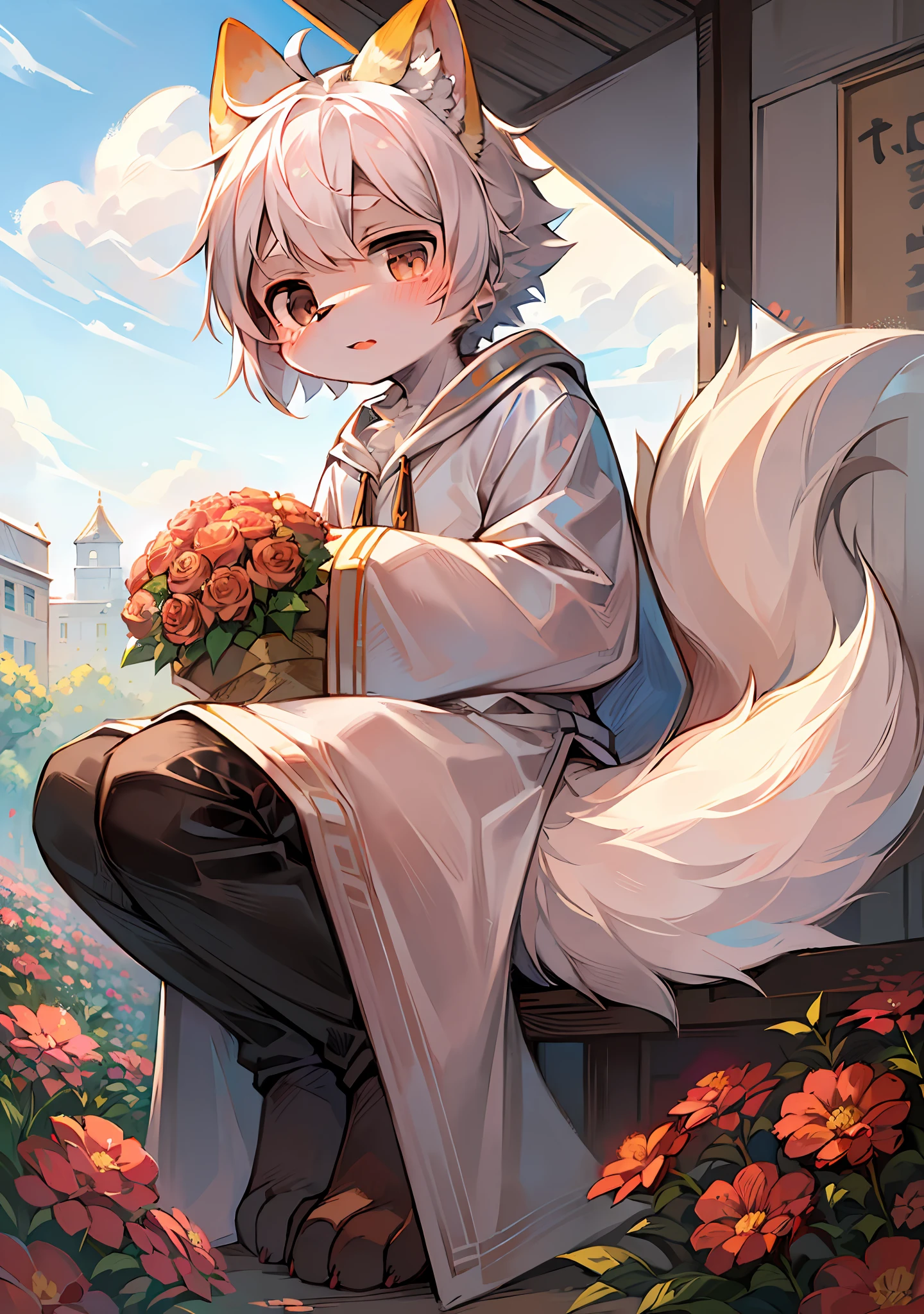 (Bright Environment: 0.8), Masterpiece, High Quality, Abstract Res, Digital Painting\(Artwork\), by Dagasi, Yupa, Kiyosan, (Anthro, Fluffy Fur, Character Focus: 1.1), Anthro Male Cat, Short Hair, Portrait , bright eyes, panorama, character focus. (Detailed background: 0.7), Solo, Furry, Furry Male, Male Focus, Anthr, (Full body fur, Fluffy big tail, White fur, Black eyes, White hair: 1.2), (Long canine, junior high school student, white robe, white trousers, white top long sleeves: 1.2), (bright outdoor, blue sky, bouquet, sunny day, shy: 1.1)