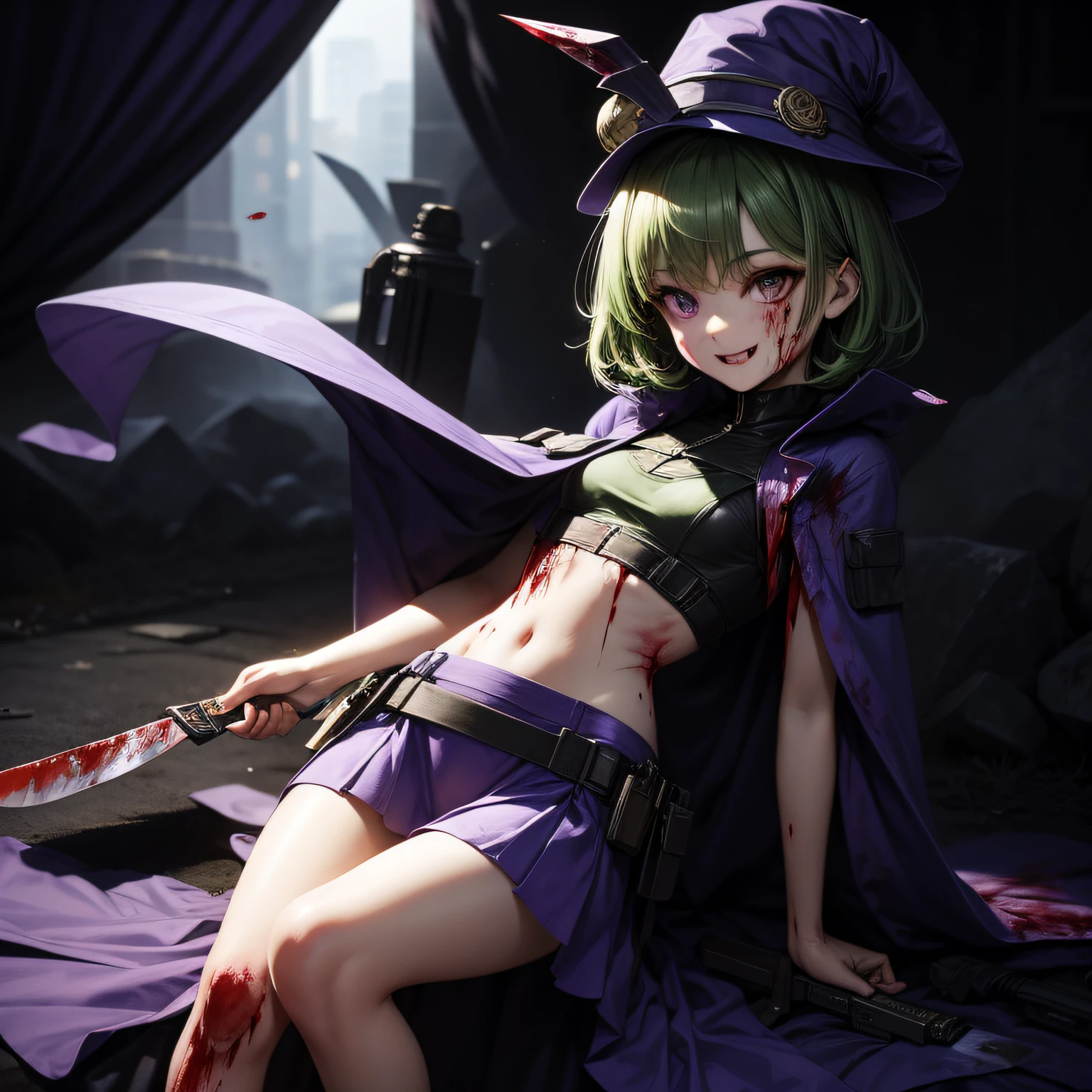 Top quality, very delicate and beautiful, ( girl), purple eyes, green hair, small, short hair, (purple pointy hat), one, tactical vest, short sleeves, purple skirt, purple wizard robe, navel, smile, knife in hand, ((((bloody)))
