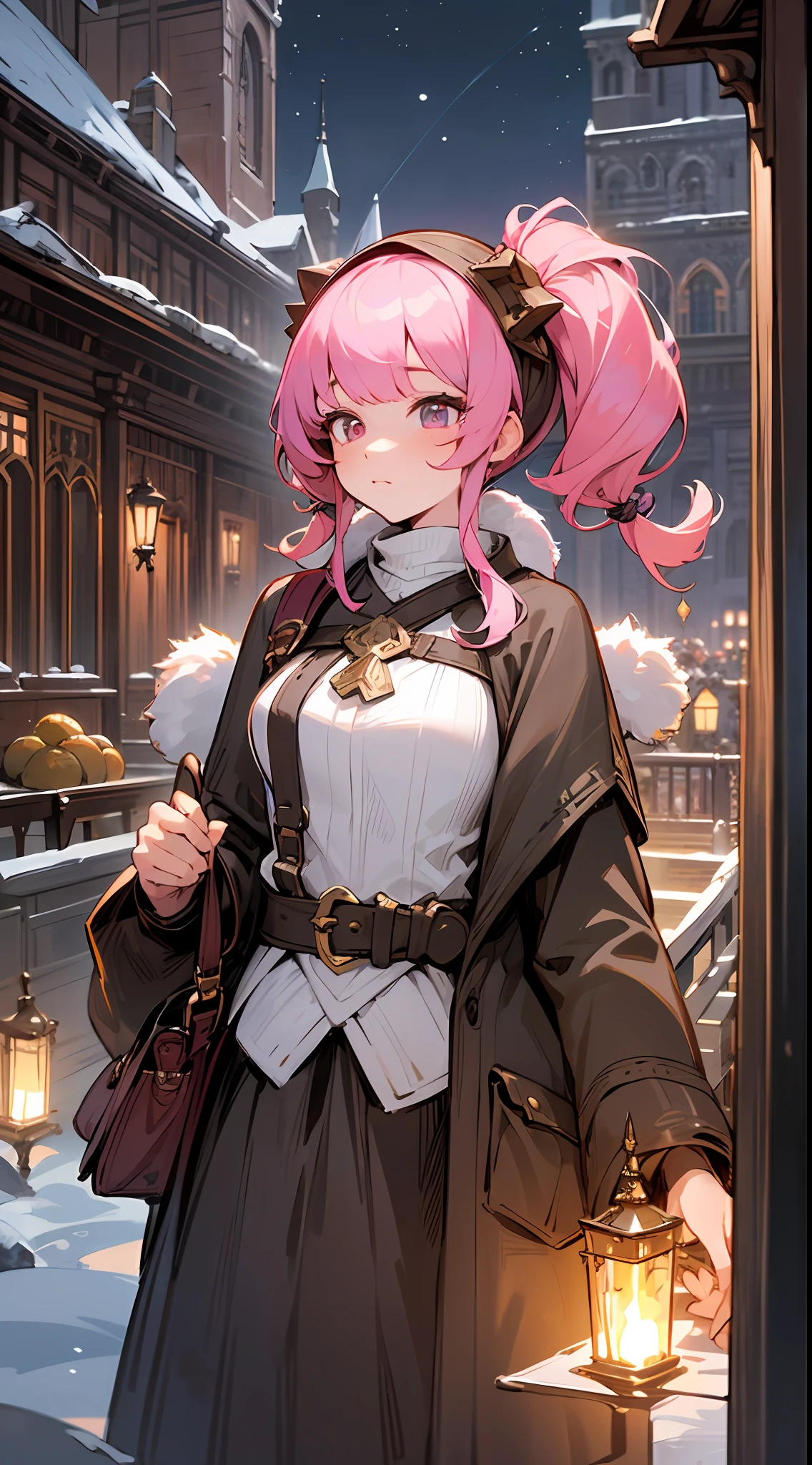 Top quality, detailed, 8K, 4K, high resolution, detailed, monk girl with pink pigtails, sagging eyes, bangs flowing to the right, upper body shown, holding a bag of food, adventurer's guild building, ((several girls)), characters of various colors, (fantasy world), winter night,