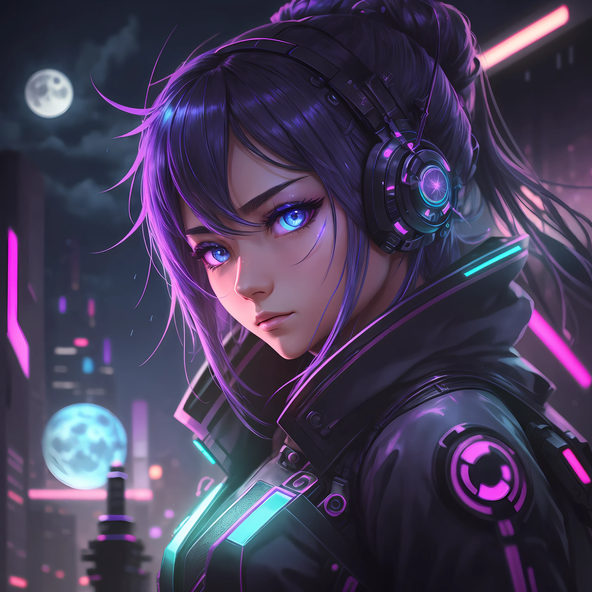 Ninja woman with peace sense headset, closed eyes, beautiful face, RGB colors, bright purple hair, anime, bright background, banner for youtube video, happy girl, clouds with RGB colors, bright RGB colors, full. --auto