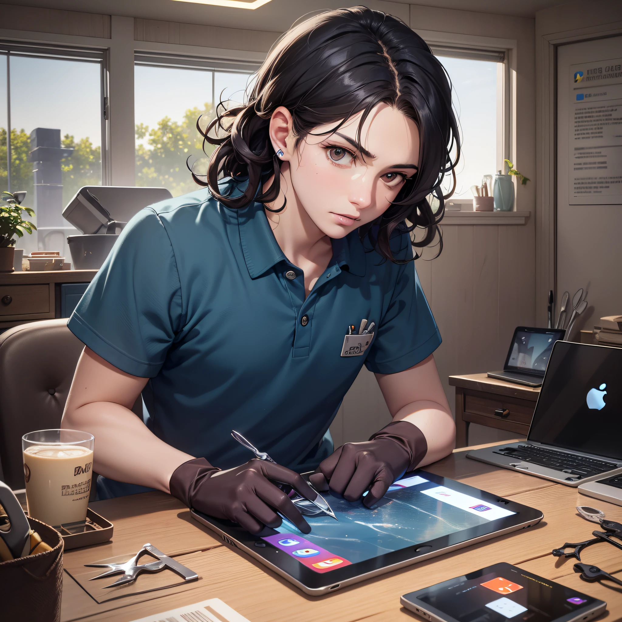 Image looking directly at a young man, shoulder length black curly wavy hair, brown eyes, blue polo shirt, sitting at a table with an iPad with a cracked screen. The table is arranged with electronic repair tools, a screwdriver and a pliers, which are skillfully used to disassemble and fix the ipad with a broken screen. The young man wears blue latex gloves. Display an expression of confidence and focus. The image reflects the character's passion and talent for technology and repairing electronic devices. The background is inside a house, the image transmits a positive atmosphere. Depicted as a Pixar character, Professional CGI, Pixar CGI, rendered at Pixar, real light and shadow, 4k, natural moving, realistic, Ultra high resolution