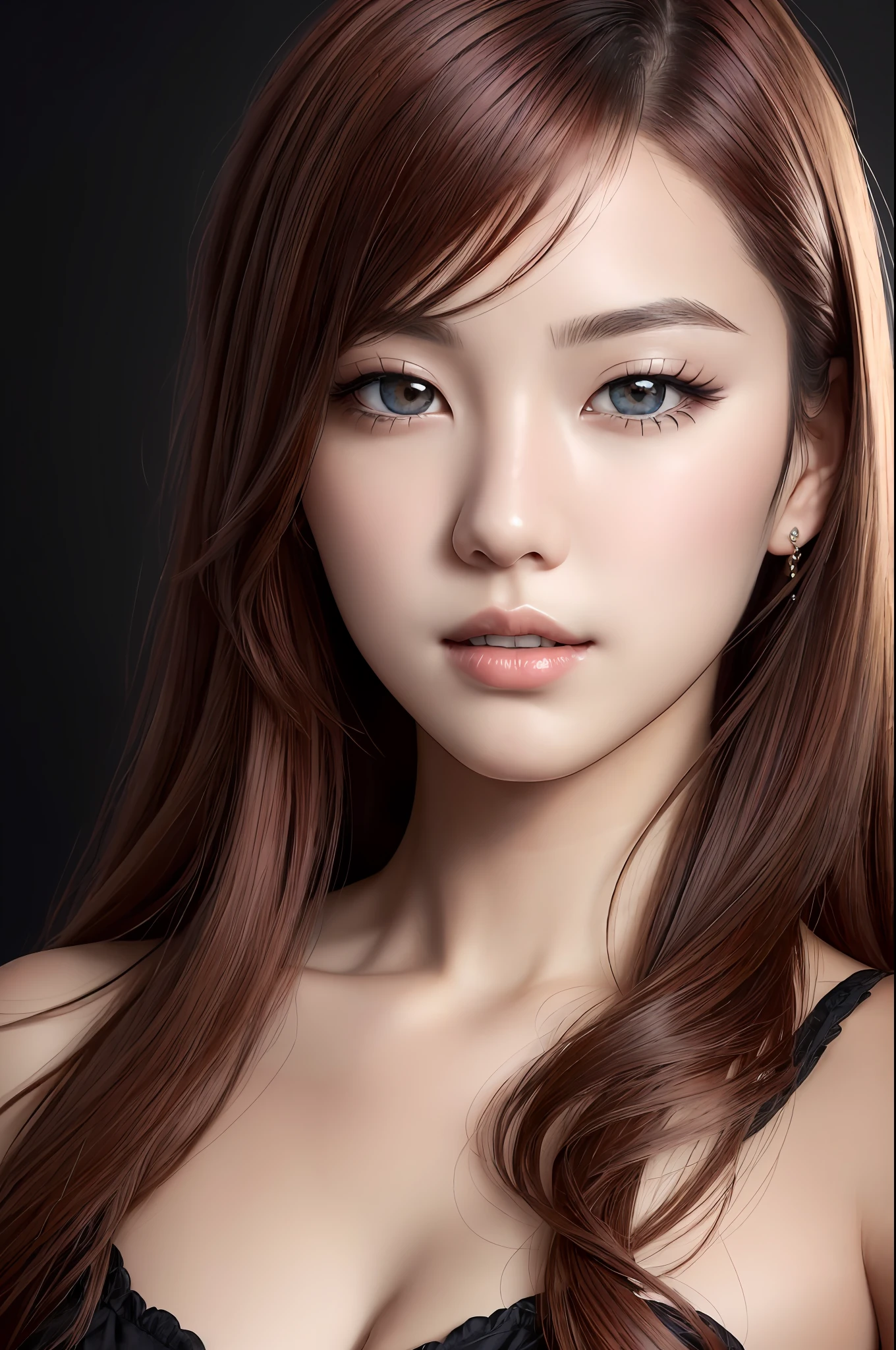 absurdres, 1girl, star eye, blush, (realistic:1.5), (masterpiece, Extremely detailed CG unity 8k wallpaper, best quality, highres:1.2), (ultra_detailed, UHD:1.2), (pixiv:1.3), perfect illumination, distinct, (bishoujo:1.2), looking at viewer, unreal engine, sidelighting, perfect face, detailed face, beautiful eyes, pretty face, (bright skin:1.3), idol, (abs), ulzzang-6500-v1.1, soft smile, upper body, (dark red hair), (simple background), ((dark background)), (depth of field), close-up, selfie