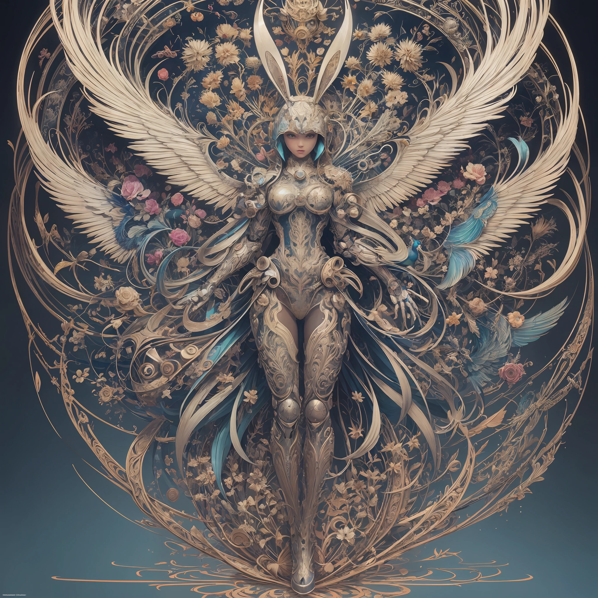 Robot Mechanical Rabbit, Robot Wings, Ernst Haeckel, James Jean. generative art, baroque, intricate patterns, fractalism, film stills, realism, vibrant peacock feathers, intricate, elegant, very detailed, digital painting, artstation, smooth, clear focus, illustration, outrun, vaporware, full body shot --auto --s2