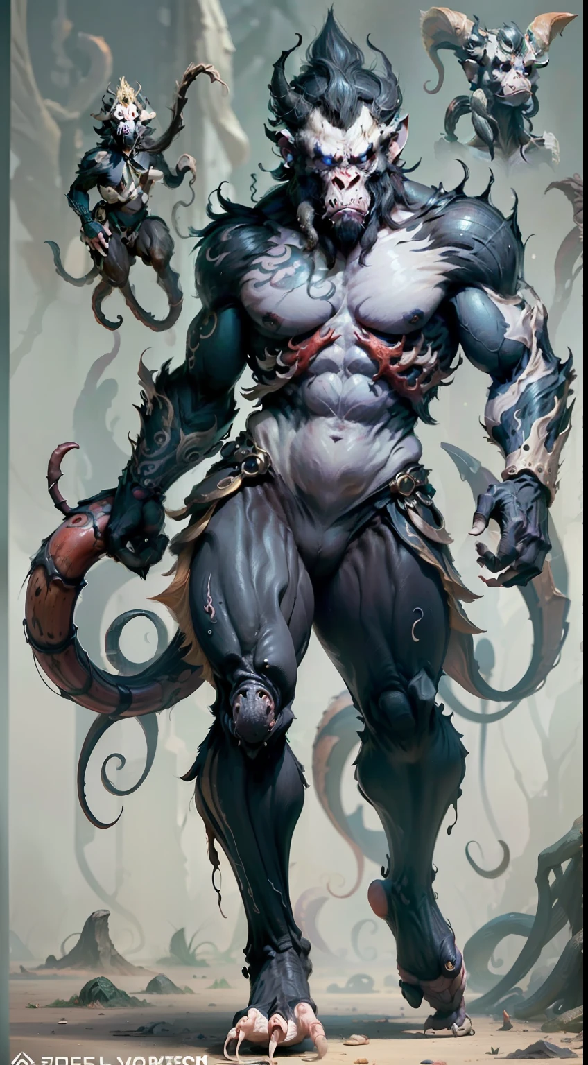 Full body, gorgeous, high quality, 4k, HD, exquisite details, thick paint, realistic, unreal 5, monster, dark style, ape, tea tattoo, lots of eyes, blank background, vertical mouthparts, tentacles in mouth, dark monkey king