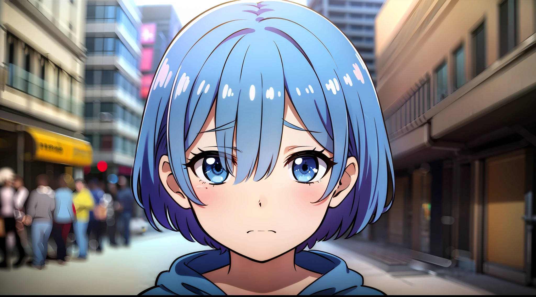 Masterpiece, rem rezero, blue eyes, sad face, look down, blue hoodie, in the middle of the street, close up, portrait,