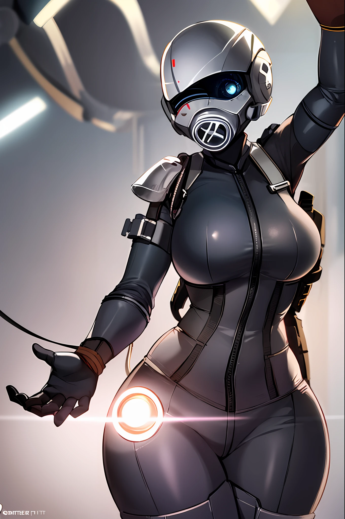 combine assassin, 1girl, solo, helmet, faceless, gloves, military, science fiction, gas mask, shoulder armor, bulletproof vest, one-eyed, glowing eye, petite, black bodysuit, white armor, large breasts, ass, presenting, wide hips