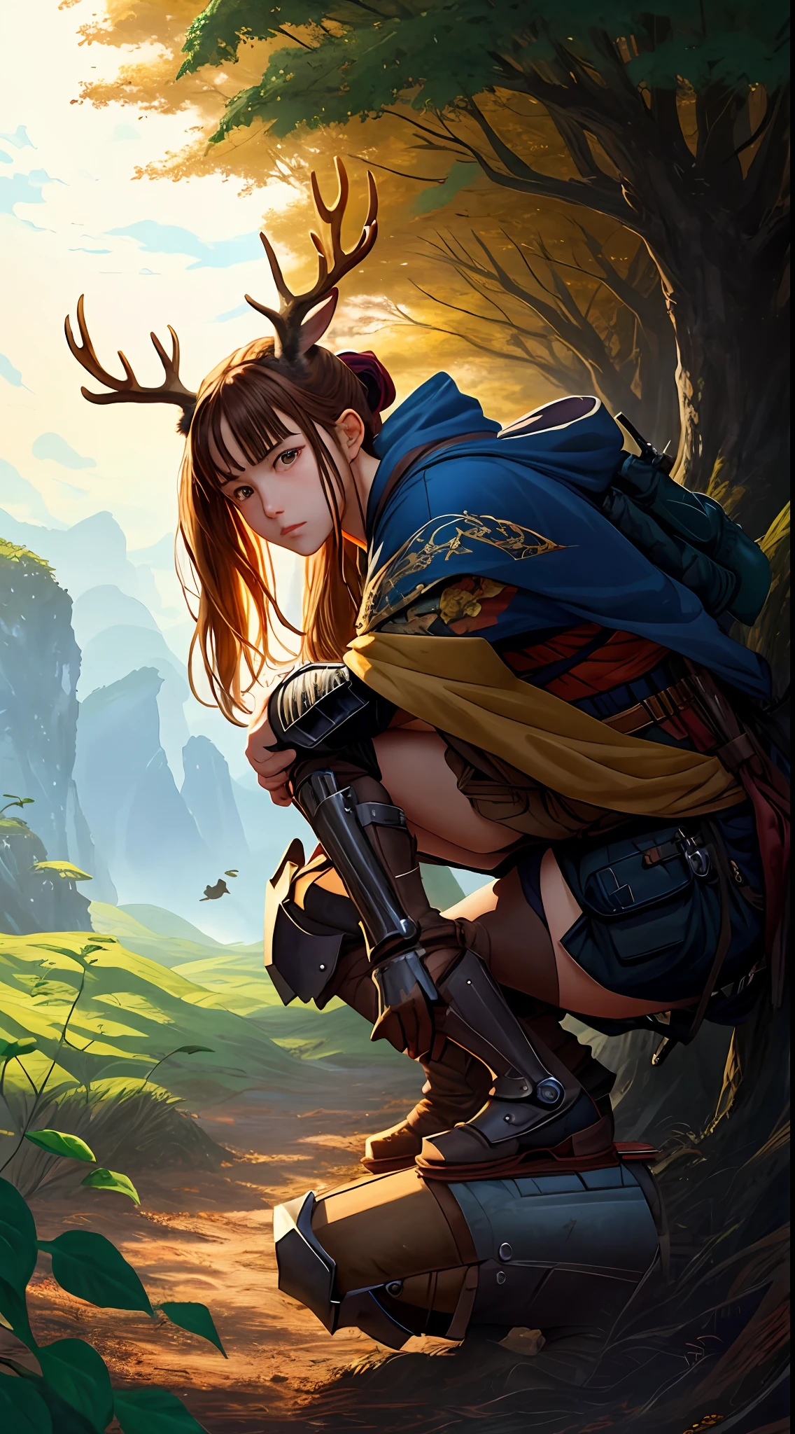 Huntress crouching through the plants to hunt a deer, (anime screenshot,vivid color cymk:1) from ( Celluloid:1) by (nvinkpunk:0.3),(kuvshinov:0.3),(dreamlikeart:0.3),(samdoesart:0.3),(modelshoot style:0.3), by Hiroya Oku Naoki Urasawa, 1girl, Japanese, a brown female 1gril,[nicole kidman:rachael leigh cook:0.3],(Holding an object:1.1), gray blonde, ponytail, slatted armor, fantasy art from ghibli studio, Shinkai Makoto ArtstationHQ, painting with vivid field colors, high contrast!, best quality, masterpiece, highly detailed, ultra-detailed,