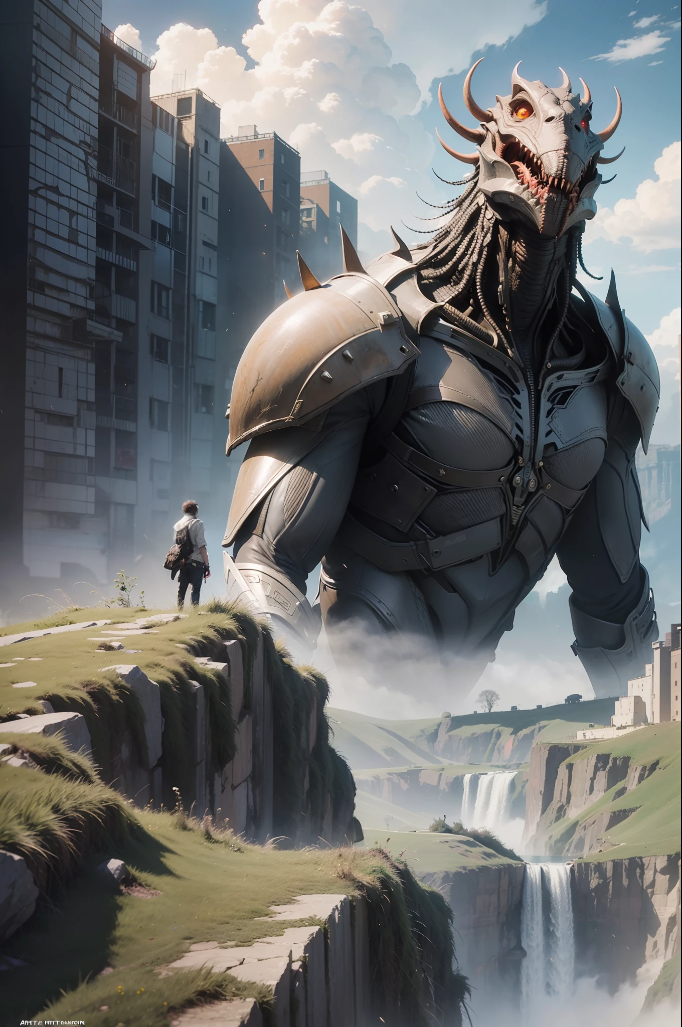 a highly detailed matte painting of a man on a hill watching a giant alien monster, by makoto shinkai, by artgerm, by wlop, by greg rutkowski, volumetric lighting, octane render, 4k resolution, trending on artstation, masterpiece