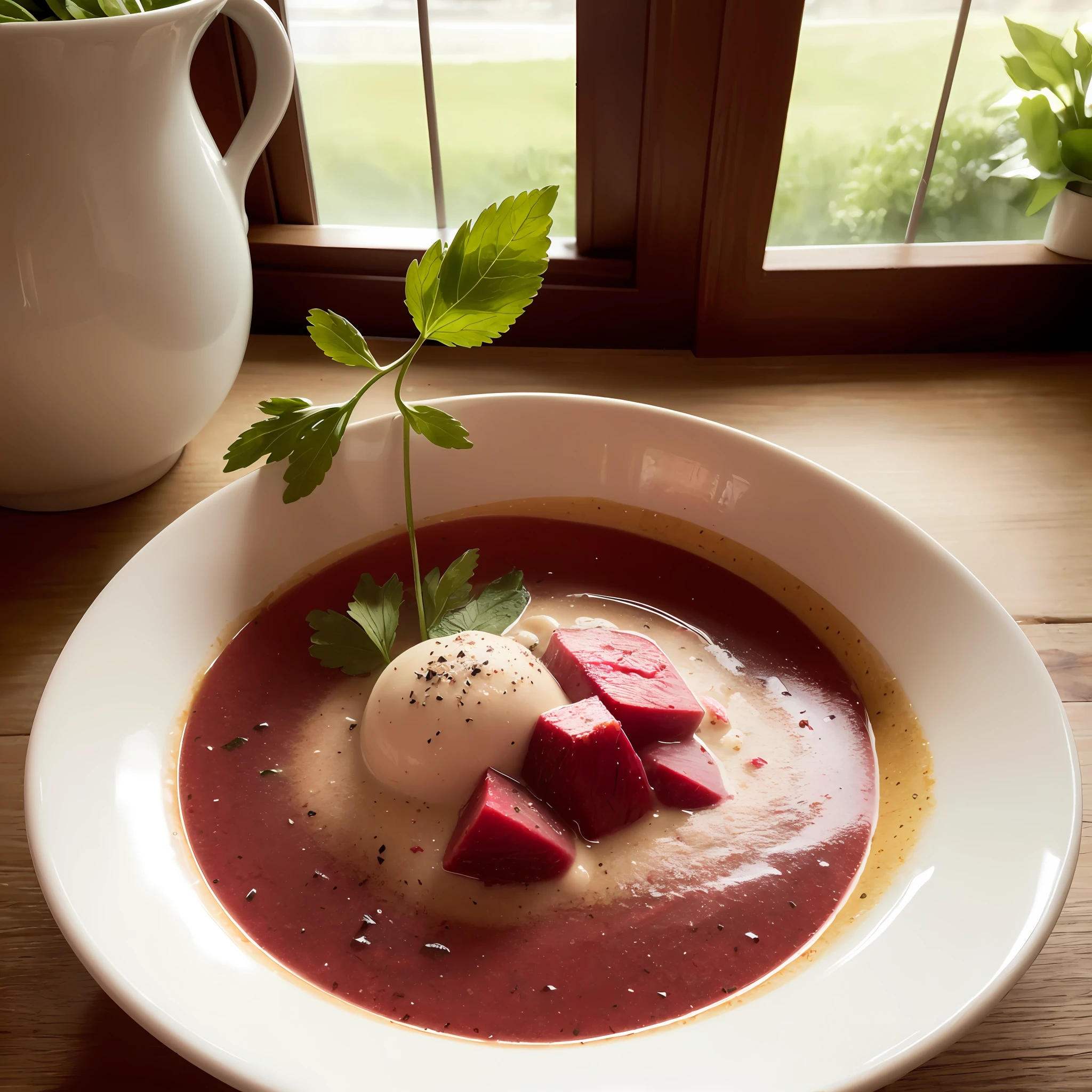 (8k, best quality, masterpiece:1.2), (realistic, photorealistic:1.37), ultra-detailed, Imagining yourself in a cozy setting of a rustic kitchen, you come across a bowl of beet soup with potatoes, perfectly prepared. The vibrant color of the soup, which ranges from a deep pink to an intense red, is underscored by the smooth, creamy texture that spreads through the bowl. The beets and potatoes, cut into small pieces, are visible, adding a touch of rusticity to the dish. A light layer of sour cream is gently poured into the center, creating a contrast with the intense colors of the soup. On top, fresh herbal leaves are carefully placed to add a touch of freshness and flavor. The soft light coming in through the window enhances the details and nuances of the ingredients, creating an inviting and appetizing atmosphere. You can't resist picking up the spoon and savoring this comforting and tasty dish.
