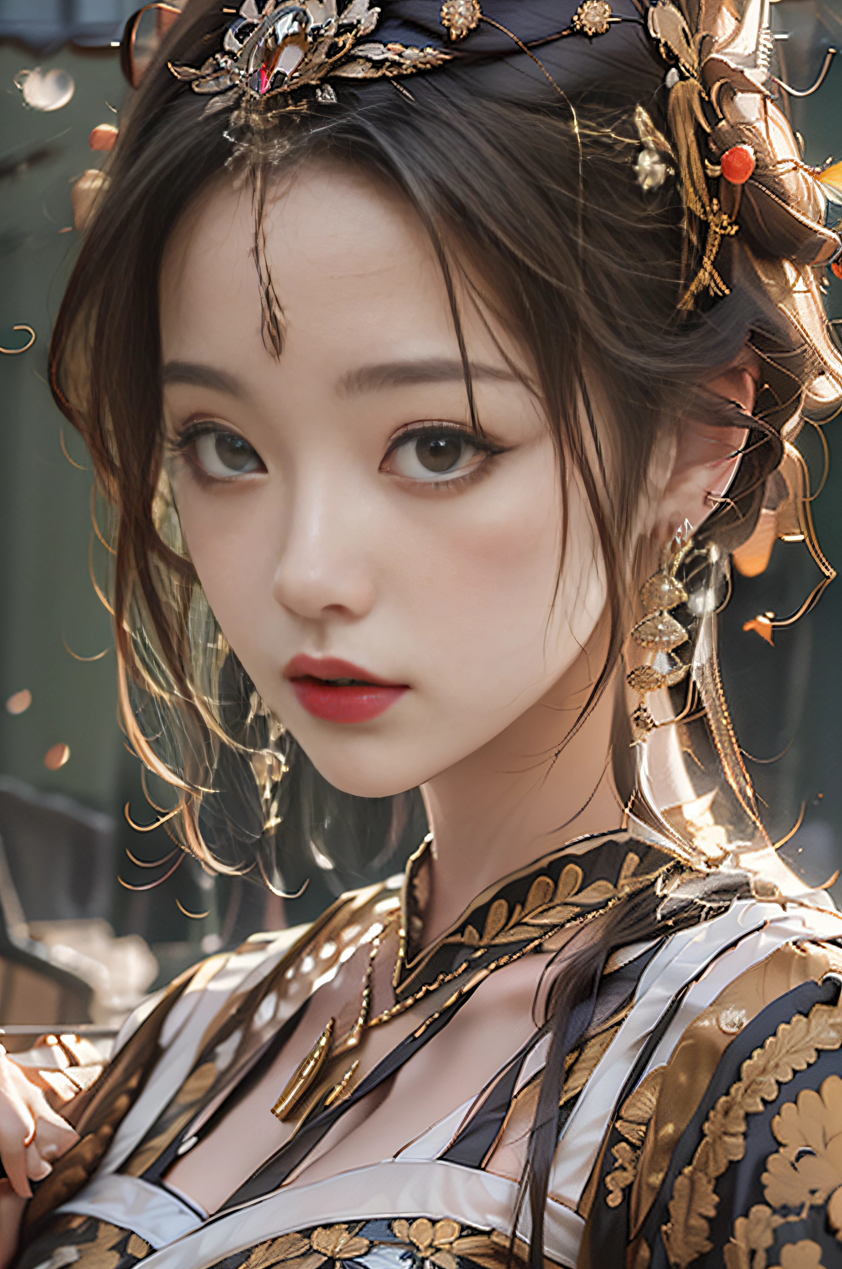 (Masterpiece, Monochrome, Color: 1.0), (Highest quality: 1.2), Green antique clothes, (Ultra Quality: 1.1), Masterpiece, Best Quality, Dream Background, Gorgeous Headgear, Award Winning Works, (Very Detailed CG Unity 8k wallpaper), (High Detail), (Best Illustration), (Best Shadow), Realistic lighting, Costume for girls, Portrait of a girl, Gauze dress, Jewelry, Red lips, Beautiful, Big eyes golden sea of clouds, surrounded by mountains, Classical antique girl,, Film lighting, Best quality, 4K