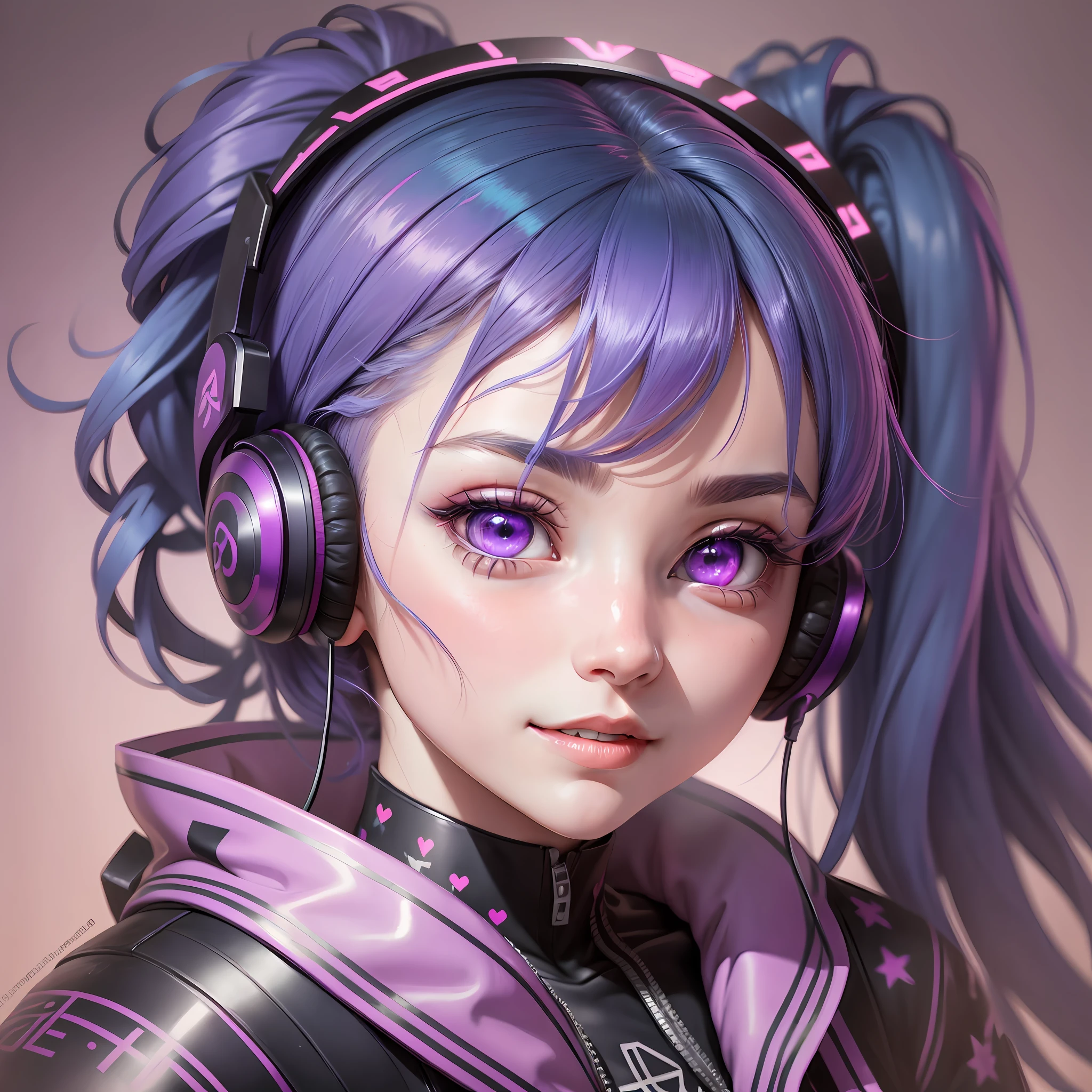 Ninja woman with peace sense headset, closed eyes, beautiful face, RGB colors, bright purple hair, anime, bright background, banner for youtube video, happy girl, clouds with RGB colors, bright RGB colors, full. --auto