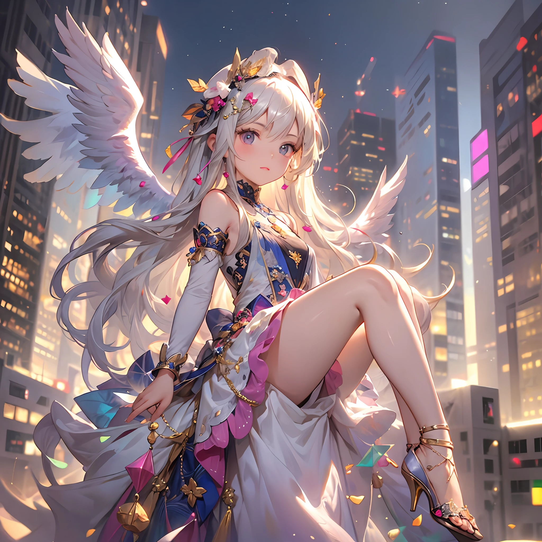 (Masterpiece: 1.4), (Best Quality: 1.4), (Chibi: 1.3), (Very Cute Angel Girl, Super Detailed Face, Jewel-like Eyes, White Very Long Hair, Colorful Gradient Hair: 1.4), (Angel Ring:
1.4), (Angel Wings: 1.4), (Full body, perfect 2 arms, perfect 2 legs: 1.4), Perfect 4 fingers: 1 thumb, light, shine, bokeh, super fine