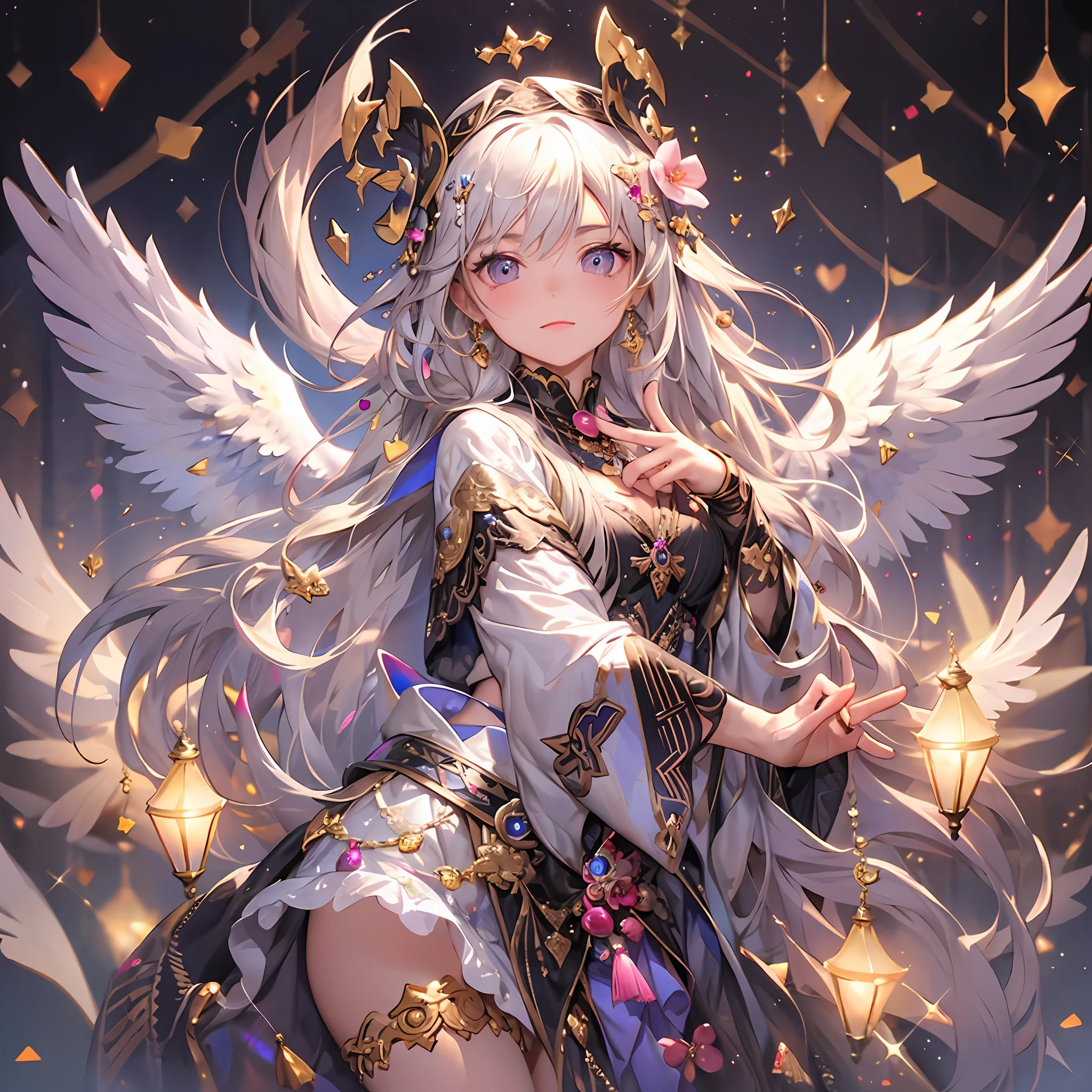 (Masterpiece: 1.4), (Best Quality: 1.4), (Chibi: 1.3), (Very Cute Angel Girl, Super Detailed Face, Jewel-like Eyes, White Very Long Hair, Colorful Gradient Hair: 1.4), (Angel Ring:
1.4), (Angel Wings: 1.4), (Full body, perfect 2 arms, perfect 2 legs: 1.4), Perfect 4 fingers: 1 thumb, light, shine, bokeh, super fine