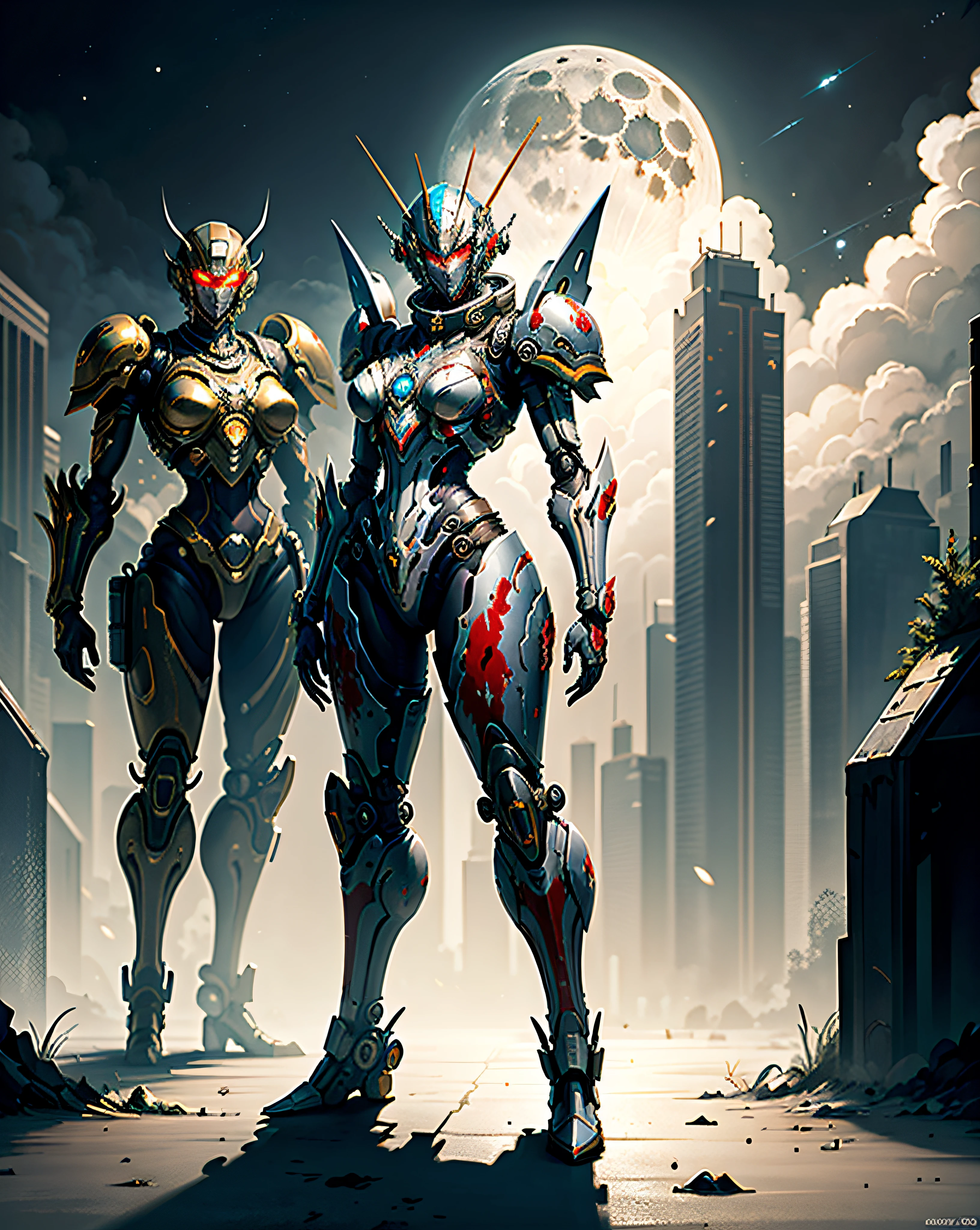 Space Marine, Harhammer 40,000, World at War, Beautiful Cyberpunk Woman with Very Detailed Mecha Treatment, Vibrant Colors, Metallic Red, Bloodstained, With Sky With Clouds And Full Moon, Full Body With Detailed Armor,