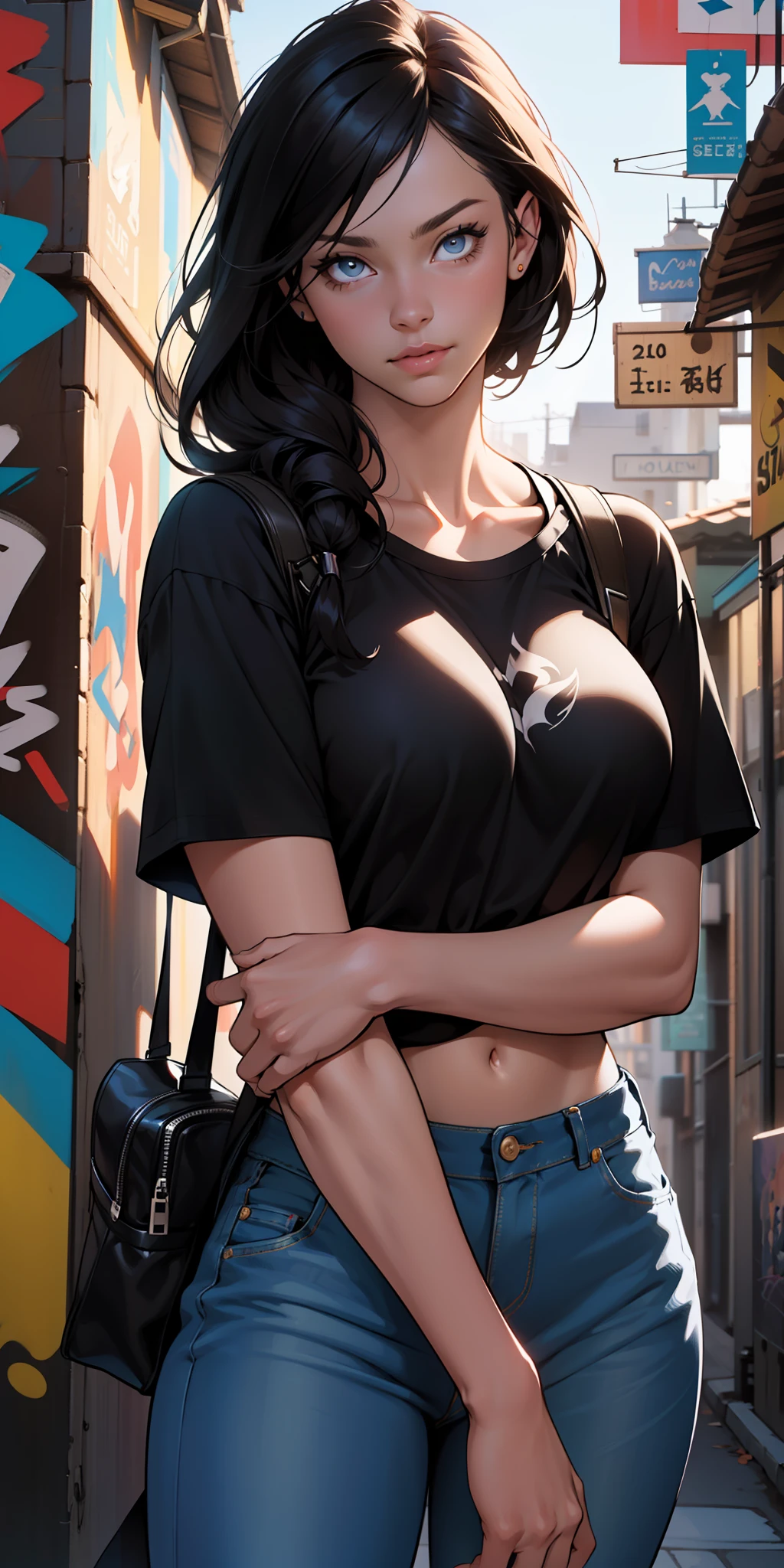 , (beautiful and clear background:1.2),, fantastic paintings ,graffit style, olhos altamente detalhados , a white t-shirt or tatoon stamp , ultra detailed hair, masterpiece, best quality, high quality, highres, detail enhancement, ((most beautiful image in the world)), masterpiece, best quality, high quality, highres, detail enhancement, ((most beautiful image )),with short, shiny black hair, t-shirt tatoon, wearing jeans,, art by stjepan sejic, art by j scott campbell, art by guillem march, art by citemer liu, 4k, high resolution, comic book character, comic, high quality detailed, style ::2.0 comix illustration style,tatoon style, high quality, highres, detail enhancement, 8k, hd, best quality, high quality, highres, detail enhancement, 8k, hdr, sharp focus, ultra detailed, perfect lighting