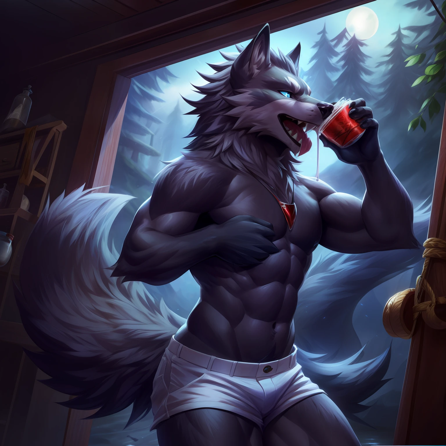 Correct anatomy, furry, furry, Abinus wolf, male, details on arms, legs and ears, wolf nose, one blue eyes and one red, cute, black skin, large wolf tail, fluffy gray hair))). Bare body, white shorts, rough slits, drink (milk), splash on body (whole body), saliva, extremely detailed art, tesudo, gorgeous colors, professional photos, various angles, detailed landscapes, hdt, tinta, dark light, more alluring settings, ultra 8k, HDR.