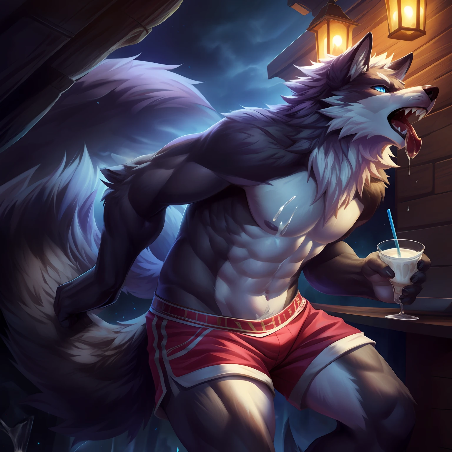 Correct anatomy, furry, furry, Abinus wolf, male, details on arms, legs and ears, wolf nose, one blue eyes and one red, cute, black skin, large wolf tail, fluffy gray hair))). Bare body, white shorts, rough slits, drink (milk), splash on body (whole body), saliva, extremely detailed art, tesudo, gorgeous colors, professional photos, various angles, detailed landscapes, hdt, tinta, dark light, more alluring settings, ultra 8k, HDR.