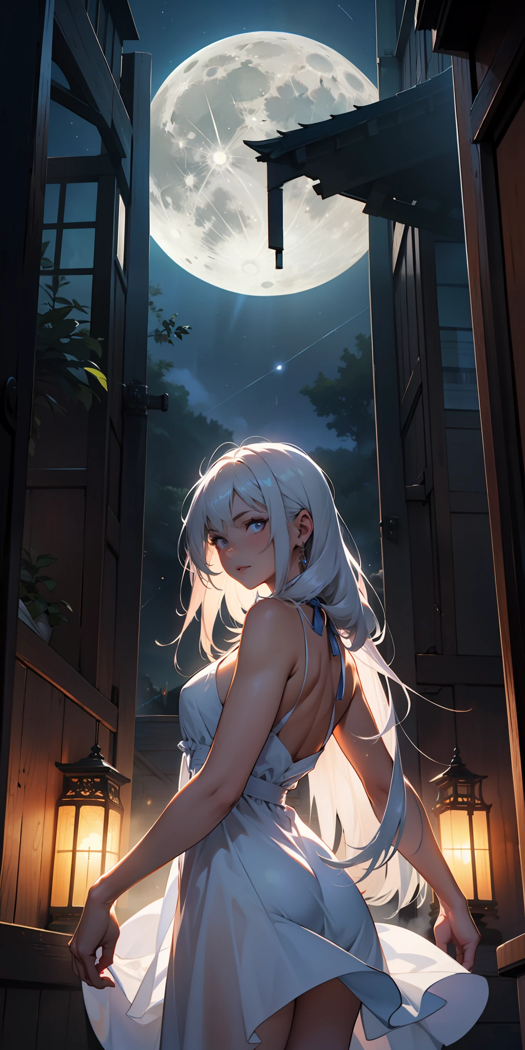 Best possible quality, (ultra resolution 8k),the most beautiful girl, the most beautiful, long hair, serene look, looking through the window,full moon,firmament, silk dress